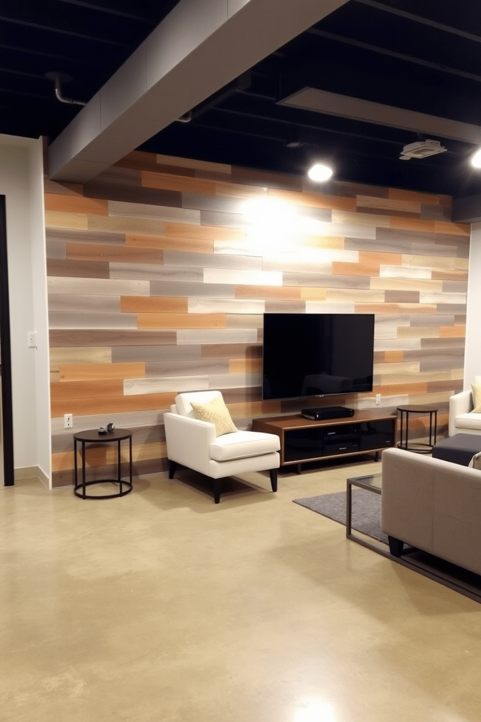 Accent wall with reclaimed wood paneling. The wall features varying shades of brown and gray wood planks, creating a warm and inviting focal point in the room. Concrete basement design ideas. The space is transformed with polished concrete floors, complemented by sleek, modern furniture and strategically placed lighting to enhance the industrial aesthetic.