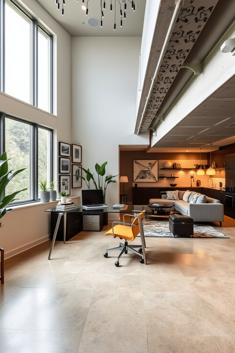 A sleek home office featuring a minimalist desk made of glass and metal, paired with an ergonomic chair in a bold color. Large windows allow natural light to flood the space, highlighting a gallery wall of contemporary art and plants that add a touch of greenery. A stylish concrete basement designed as a multifunctional space, with polished concrete floors and exposed beams for an industrial feel. The area is divided into a cozy lounge with a sectional sofa and a small kitchenette, complemented by warm lighting and modern decor elements.