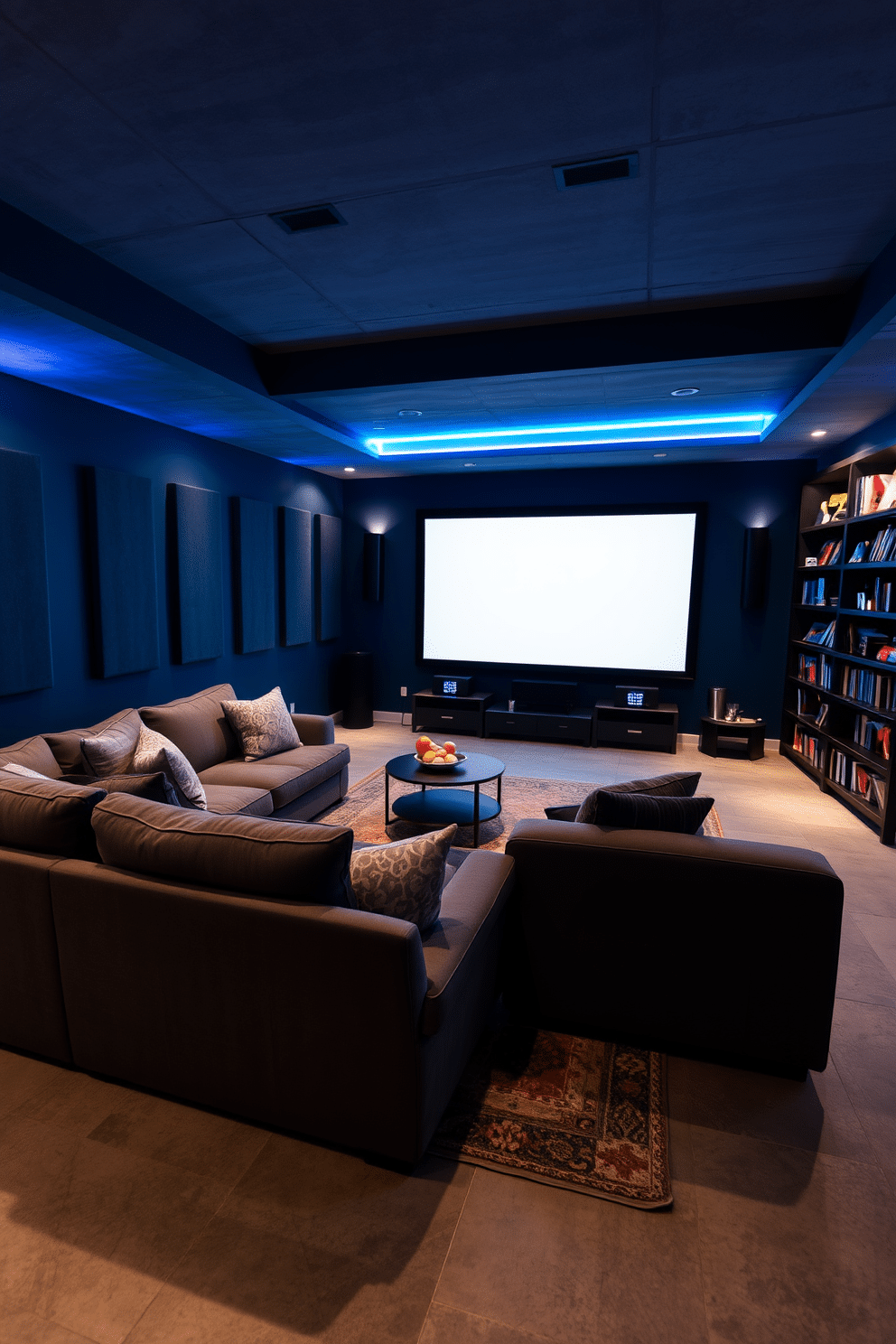 A cozy family movie area in a concrete basement features a large, plush sectional sofa facing a sleek projector screen. Soft ambient lighting illuminates the space, while a stylish coffee table holds snacks and drinks for movie nights. The walls are painted in a deep navy blue, creating a cinematic atmosphere, and the concrete floor is adorned with a large, comfortable area rug. Acoustic panels are strategically placed to enhance sound quality, and shelves filled with movies and games add a personal touch to the design.