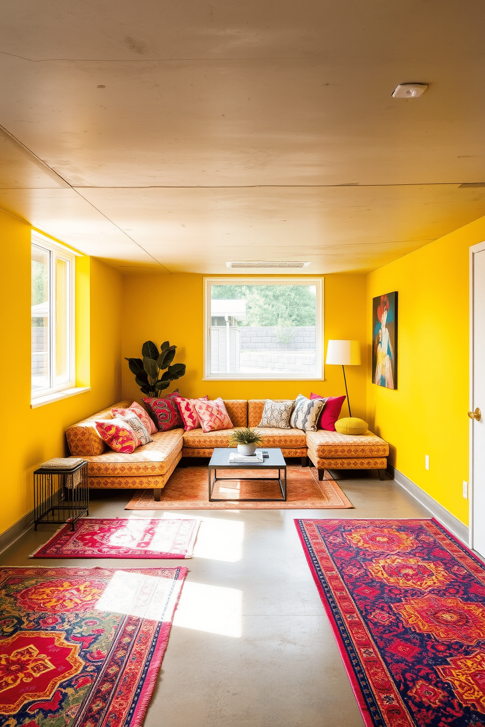 A vibrant concrete basement featuring bright yellow walls that create an inviting atmosphere. The flooring is polished concrete with colorful area rugs that add warmth and texture to the space. In one corner, a cozy seating area is adorned with oversized, multicolored cushions and a stylish coffee table. Large windows allow natural light to flood in, enhancing the cheerful ambiance and making the basement feel more like a lively lounge.