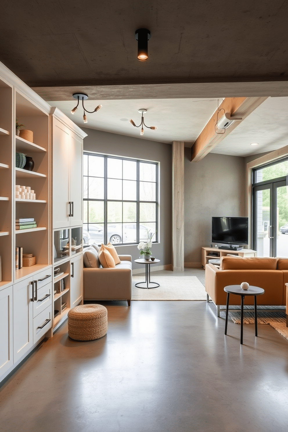 Custom cabinetry for extra storage space. The cabinetry features a sleek, modern design with a mix of open shelves and closed compartments, finished in a soft matte white. Concrete basement design ideas. The space is transformed into a stylish entertainment area with polished concrete floors, exposed beams, and large windows that invite natural light, complemented by cozy seating and contemporary decor.