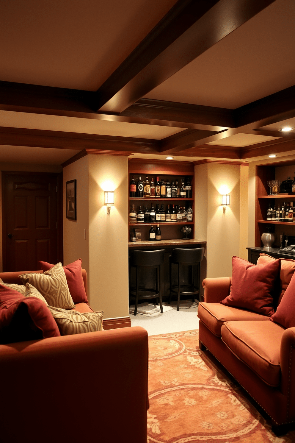 A cozy basement retreat with a warm color palette featuring soft beige walls and rich terracotta accents. Plush seating in deep rust tones invites relaxation, while ambient lighting creates a welcoming glow throughout the space. Incorporate wooden beams on the ceiling to add warmth and texture, complemented by a stylish area rug in warm hues. A small bar area with wooden shelves displays an array of spirits, enhancing the inviting atmosphere of the basement.