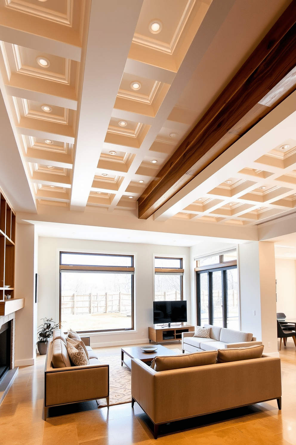 A unique ceiling treatment featuring a coffered design with recessed lighting that adds depth and elegance to the space. The ceiling is painted in a soft white to contrast with the rich wooden beams, creating a striking visual focal point. The concrete basement design incorporates polished concrete floors paired with warm wooden accents for a modern yet inviting atmosphere. Large windows allow natural light to flood the space, enhancing the open feel and showcasing the minimalist furniture arrangement.