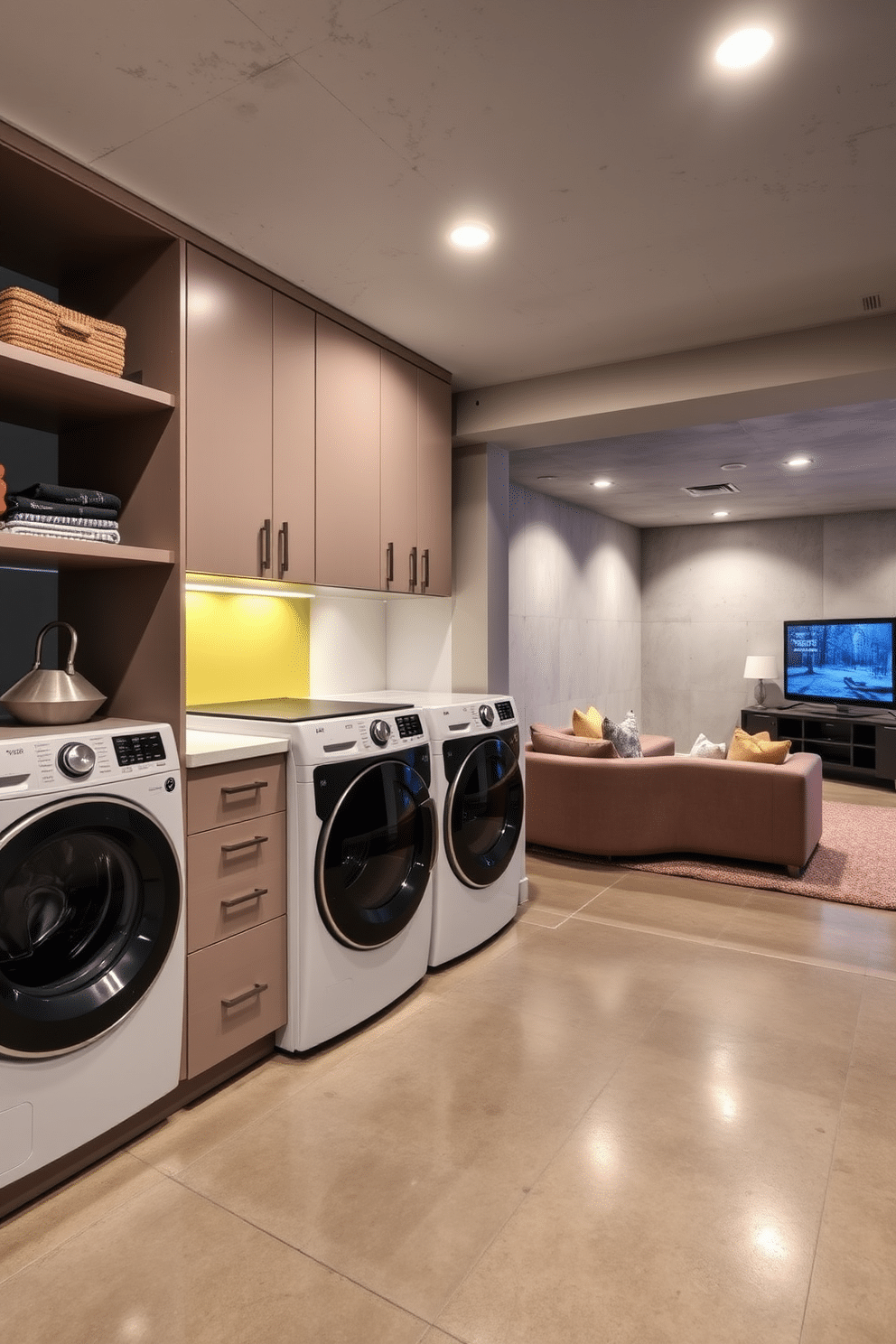 A stylish laundry area features sleek cabinetry with a combination of open shelves and closed storage for optimal organization. The space is equipped with a modern washer and dryer, complemented by a folding station and a vibrant backsplash that adds a pop of color. The concrete basement design showcases an open layout with polished concrete floors that reflect light beautifully. Cozy seating areas are arranged around a central entertainment unit, creating a welcoming atmosphere perfect for relaxation and gatherings.