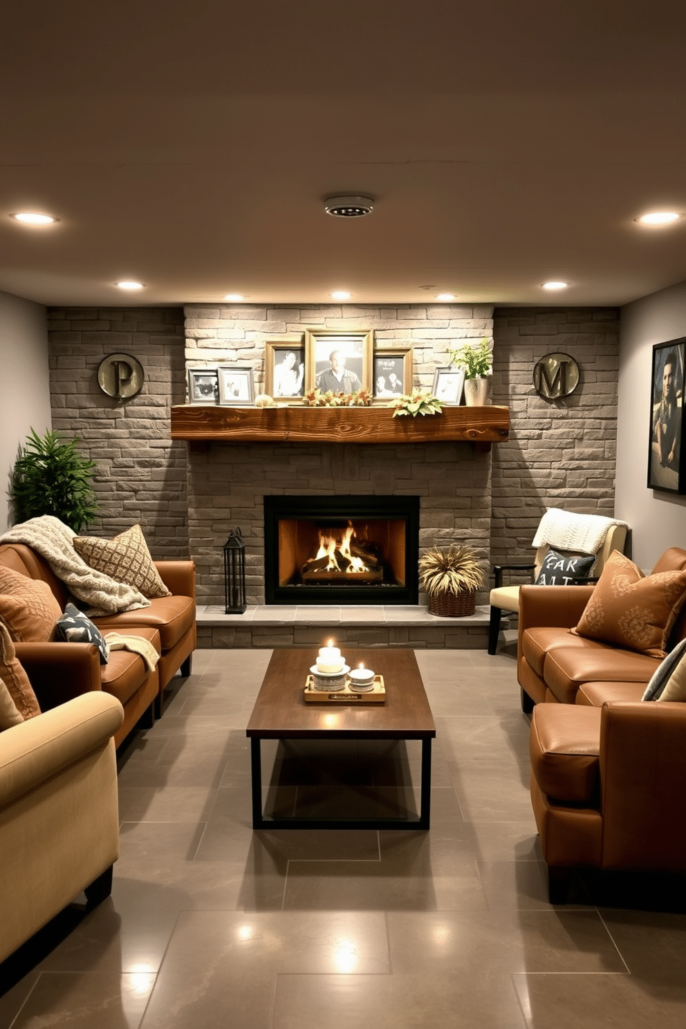 A cozy fireplace is the centerpiece of a warm living space, surrounded by comfortable seating and soft, textured blankets. The flickering flames cast a gentle glow on the rustic wooden mantle adorned with family photos and seasonal decor. The concrete basement features a modern design with polished floors that reflect soft lighting, creating an inviting atmosphere. Stylish furniture arrangements and clever storage solutions enhance the functionality of this versatile space, making it perfect for relaxation or entertaining.