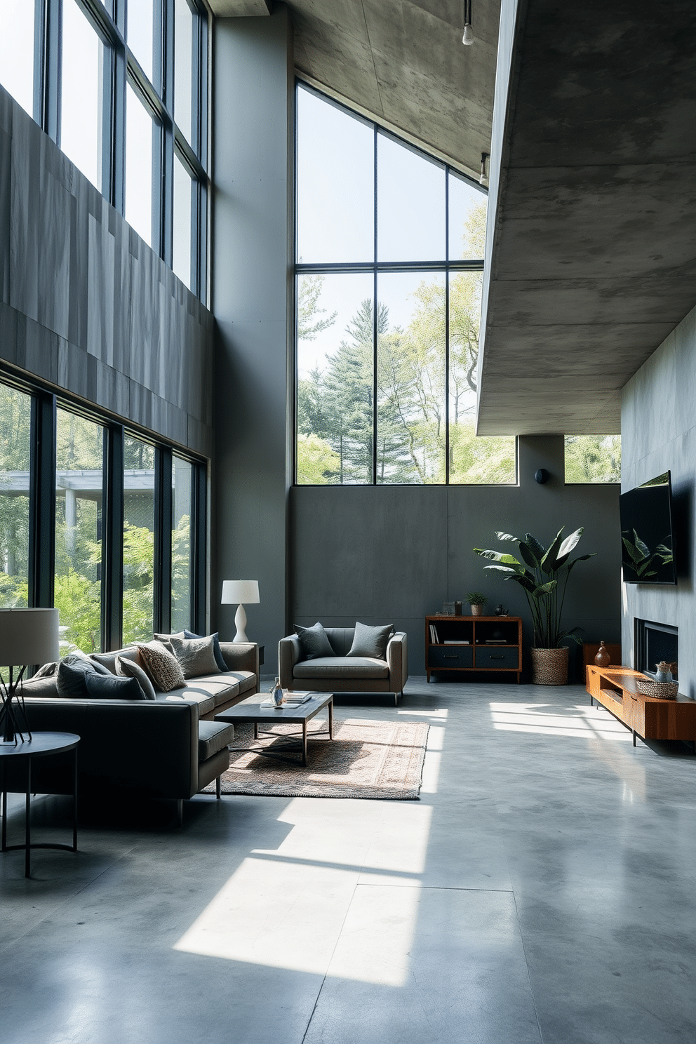 A spacious concrete basement featuring floor-to-ceiling windows that invite abundant natural light into the space. The walls are painted in a soft gray, complementing the polished concrete floor, while sleek, modern furniture creates a cozy yet stylish atmosphere.