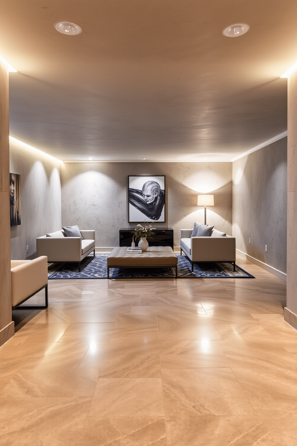 A stylish basement featuring decorative concrete finishes that enhance elegance. The floor showcases a polished concrete surface with intricate geometric patterns, complemented by sleek, modern furniture in neutral tones. The walls are adorned with a textured concrete finish, creating a sophisticated backdrop for art pieces. Soft ambient lighting highlights the unique textures and adds warmth to the overall design.