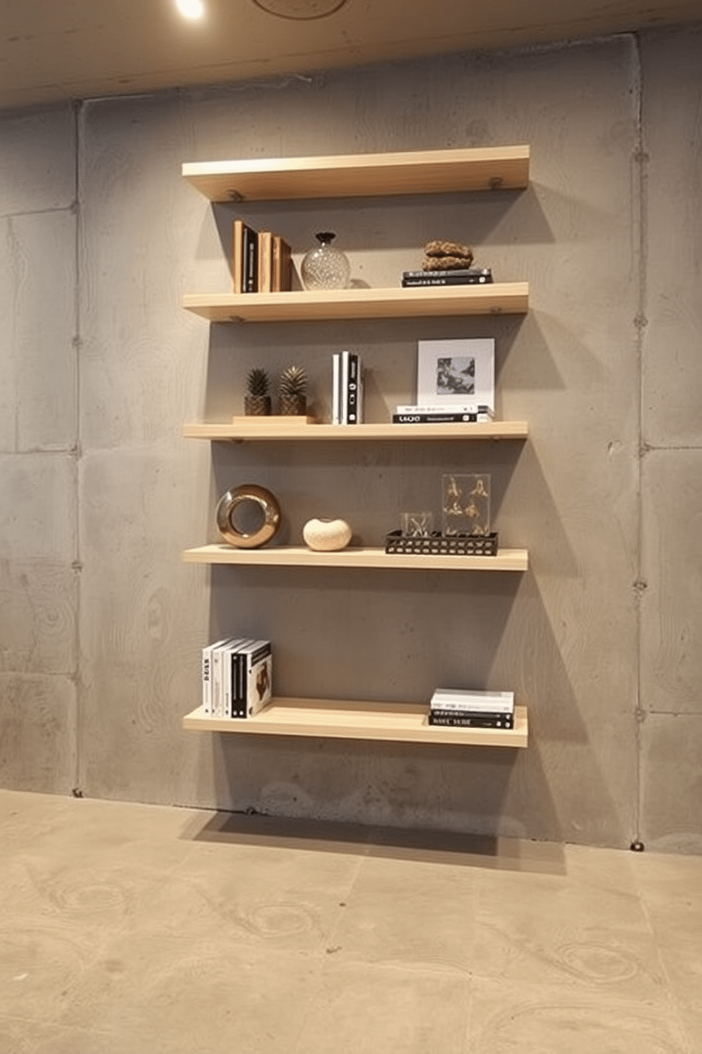 A modern concrete basement design featuring wall-mounted shelves that maximize vertical space. The shelves are arranged in a staggered pattern, showcasing decorative items and books against a backdrop of exposed concrete walls.