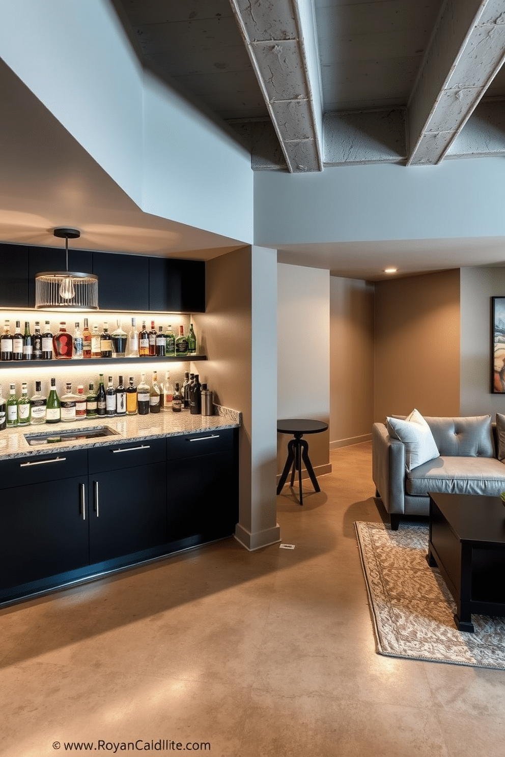 A stylish wet bar for entertaining guests features sleek, dark cabinetry with a polished granite countertop. Behind the bar, illuminated shelves showcase an array of colorful liquor bottles, while a chic pendant light hangs above, casting a warm glow. Concrete basement design ideas incorporate industrial elements with modern aesthetics. The space includes polished concrete floors, exposed beams, and a cozy seating area with plush sofas and a contemporary coffee table, creating an inviting atmosphere for relaxation and socializing.