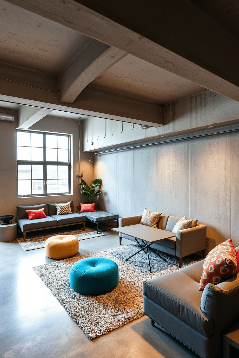 A stylish multi-functional space featuring modular furniture that can be easily rearranged to suit various activities. The area includes a sleek sofa that converts into a bed, a foldable dining table, and colorful poufs for additional seating, all set against a backdrop of warm, inviting lighting. The concrete basement design showcases an industrial aesthetic with exposed beams and polished concrete floors. Large windows provide natural light, while cozy seating areas are created with plush rugs and contemporary furniture, making the space both functional and inviting.