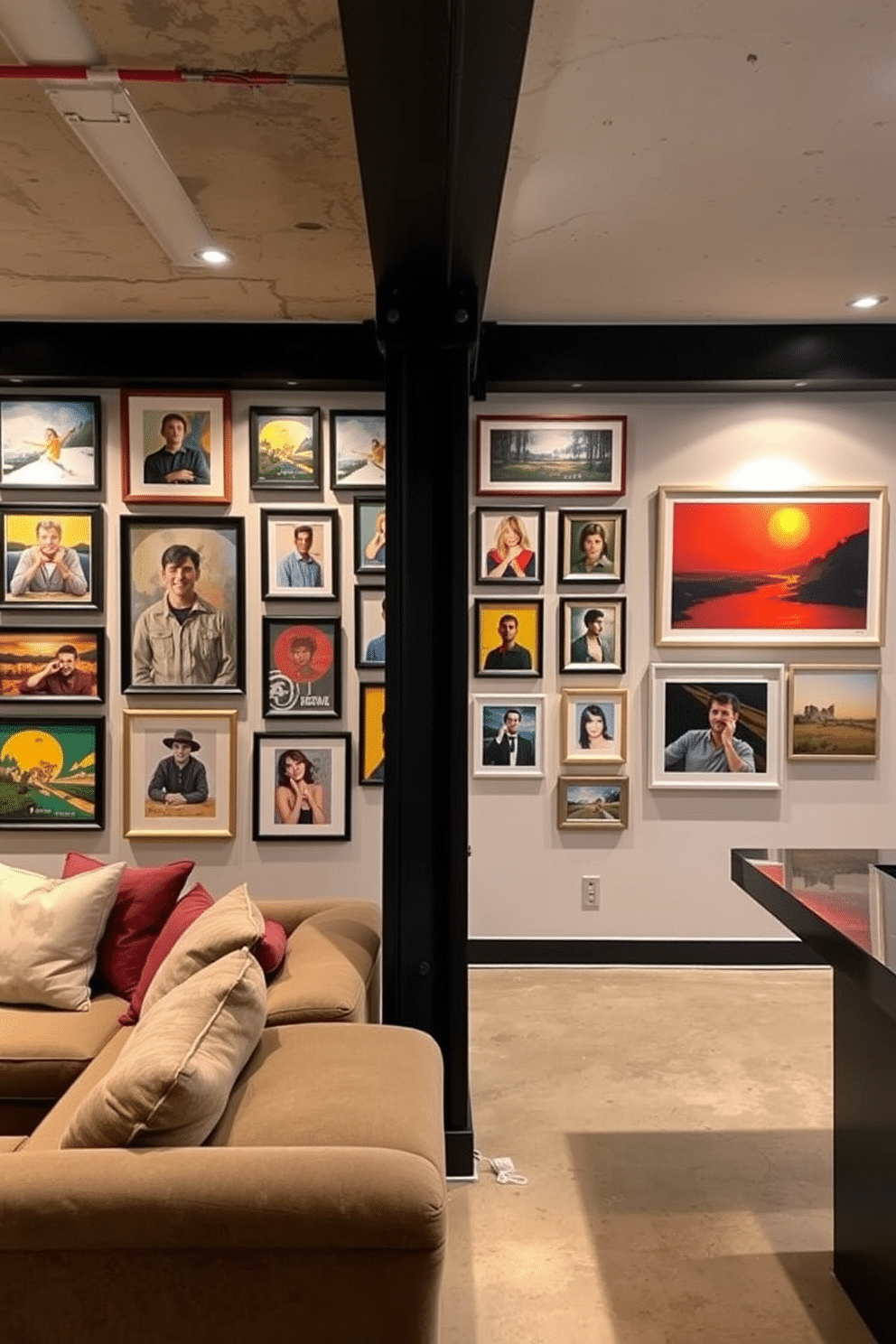 Art gallery wall with personal artwork. The wall features a mix of framed paintings and photographs, showcasing vibrant colors and diverse styles. Soft, adjustable spotlights illuminate each piece, creating a gallery-like atmosphere in the room. Concrete basement design ideas. The space incorporates polished concrete floors and exposed beams, offering an industrial yet modern feel. Cozy seating areas with plush cushions and a sleek bar counter enhance the functionality and comfort of the basement.