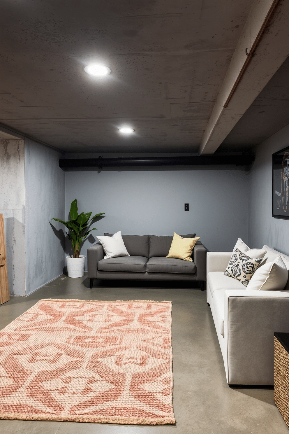 A cozy basement retreat featuring a textured area rug that adds warmth and comfort to the space. The rug is layered over polished concrete flooring, creating a stylish contrast that enhances the inviting atmosphere. An industrial-inspired concrete basement with exposed beams and minimalist decor. Soft furnishings, including plush seating and decorative pillows, complement the rugged concrete elements while maintaining a chic, modern aesthetic.