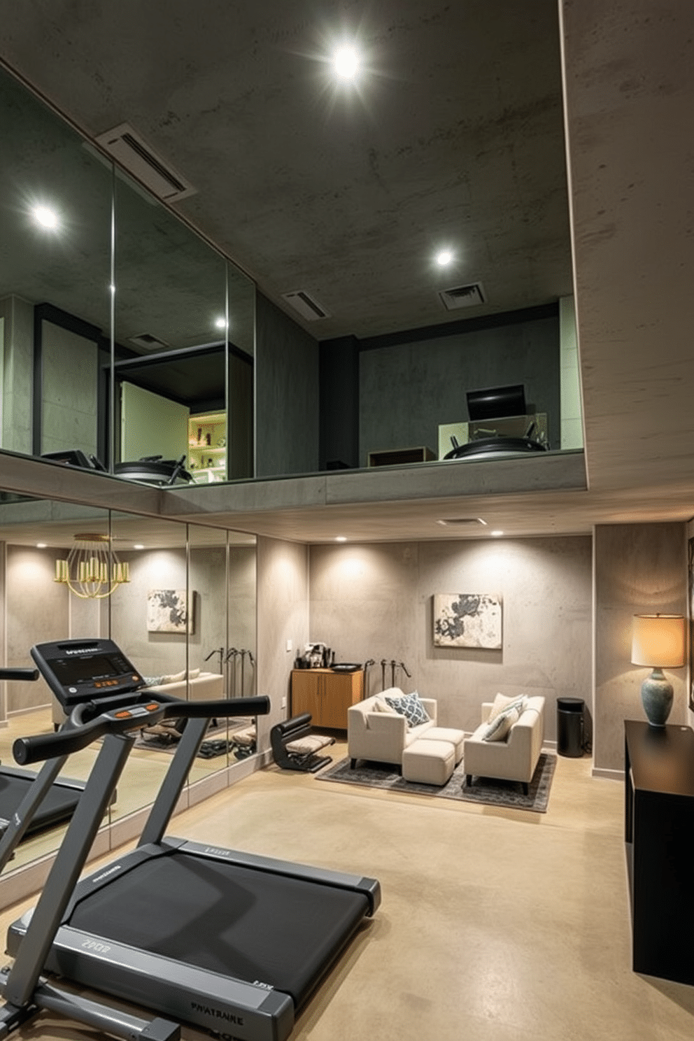 A modern home gym featuring mirrored walls that reflect the space, enhancing its openness and brightness. The room is equipped with state-of-the-art fitness equipment, including a treadmill, weights, and yoga mats, arranged for optimal functionality. A stylish concrete basement designed for versatility and comfort. The space includes a cozy seating area with plush furniture, a small kitchenette, and ambient lighting that highlights the raw concrete walls, creating a chic urban retreat.