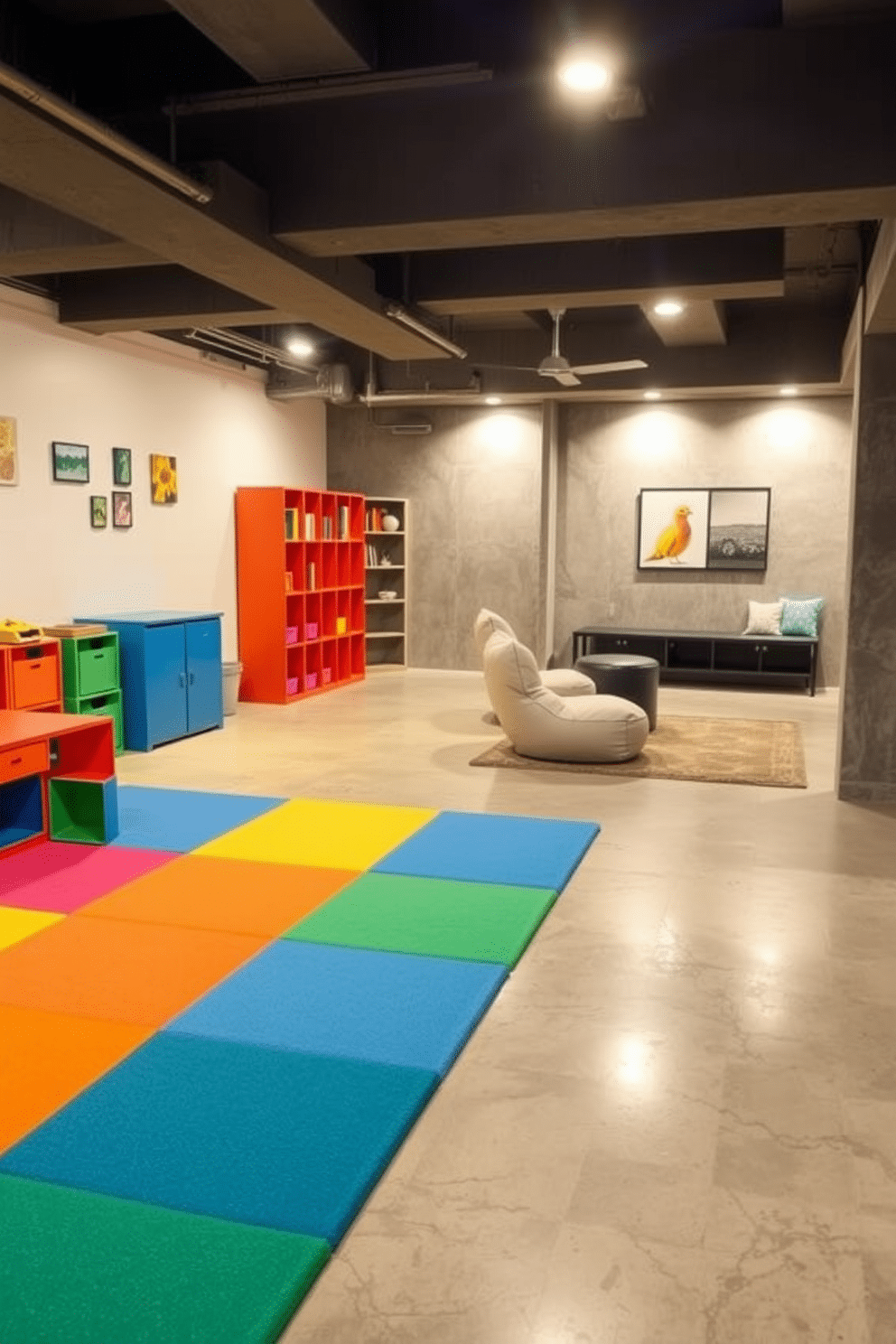 A vibrant play area for kids features soft, cushioned flooring in bright colors, creating a safe and inviting space for play. Colorful storage bins and playful wall art add to the cheerful atmosphere, while a cozy reading nook with bean bags encourages quiet time. The concrete basement design showcases a modern aesthetic with polished concrete floors and sleek, minimalist furniture. Ambient lighting highlights the clean lines of the space, while strategically placed area rugs add warmth and comfort to the industrial setting.