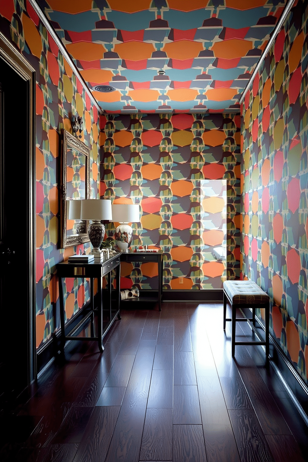 A striking entryway adorned with bold, geometric wallpaper in vibrant colors, instantly drawing the eye as one enters the space. The flooring features a sleek, dark wood finish that contrasts beautifully with the wallpaper, creating a modern yet inviting atmosphere. An elegant console table sits against the wall, topped with a stylish lamp and a few curated decorative objects. A large mirror with a decorative frame reflects the bold wallpaper, enhancing the sense of space and light in the entryway.