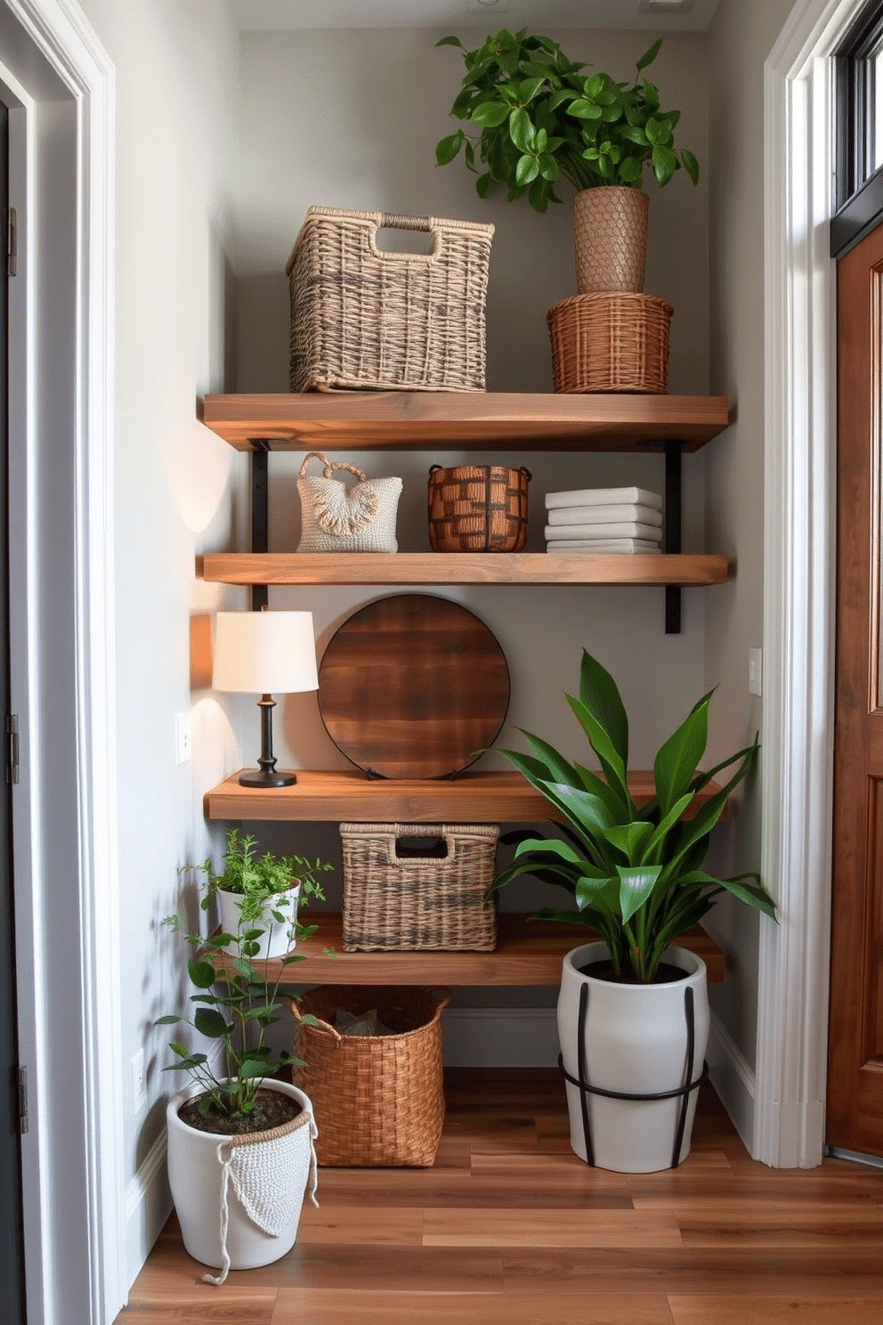 A stylish condo entryway featuring open shelving for easy access to everyday items. The shelves are made of reclaimed wood, adorned with decorative baskets and potted plants, creating a warm and inviting atmosphere.