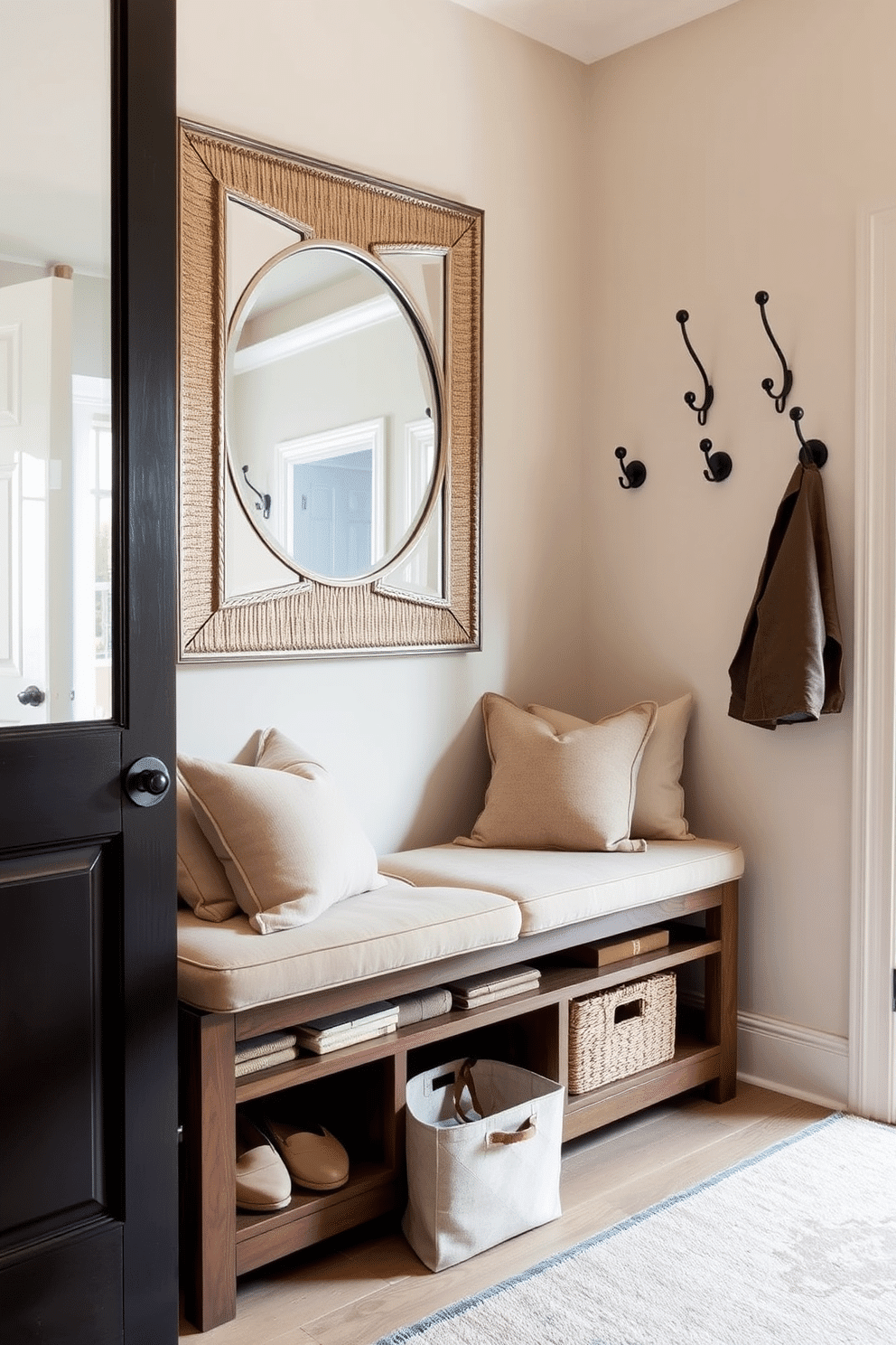 A welcoming entryway features a stylish bench with plush cushions, providing comfort for guests. Beneath the bench, ample storage space is cleverly integrated, ideal for stowing shoes and accessories. The walls are adorned with soft, neutral tones, creating a warm atmosphere. A statement mirror above the bench enhances the sense of space, while decorative hooks line the adjacent wall for convenience.