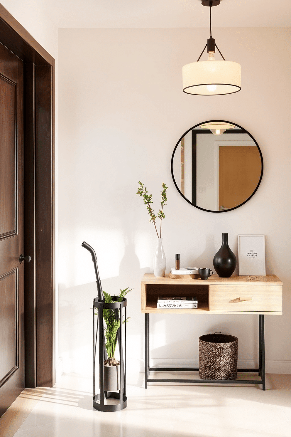 A chic umbrella stand is elegantly positioned in the entryway, crafted from sleek metal with a modern geometric design. It complements the space with a matte black finish, while a small potted plant adds a touch of greenery beside it. The condo entryway features a minimalist console table made of light wood, adorned with decorative items and a stylish mirror above. Soft lighting from a pendant fixture creates an inviting atmosphere, enhancing the overall aesthetic of the space.