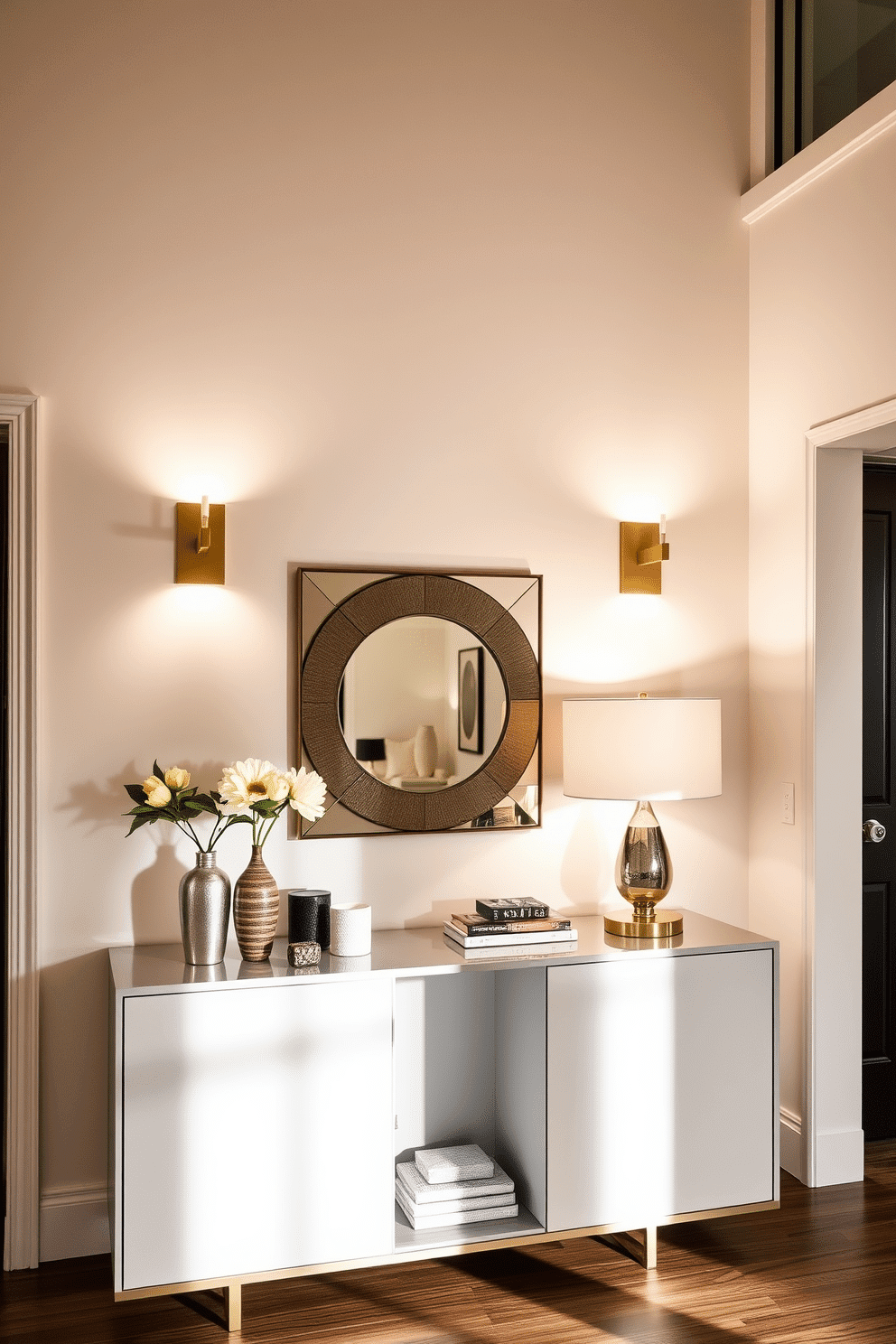 A stylish condo entryway with layered lighting, featuring elegant wall sconces that provide a warm glow. A sleek console table sits against the wall, adorned with decorative objects and a statement mirror above, complemented by a chic table lamp.