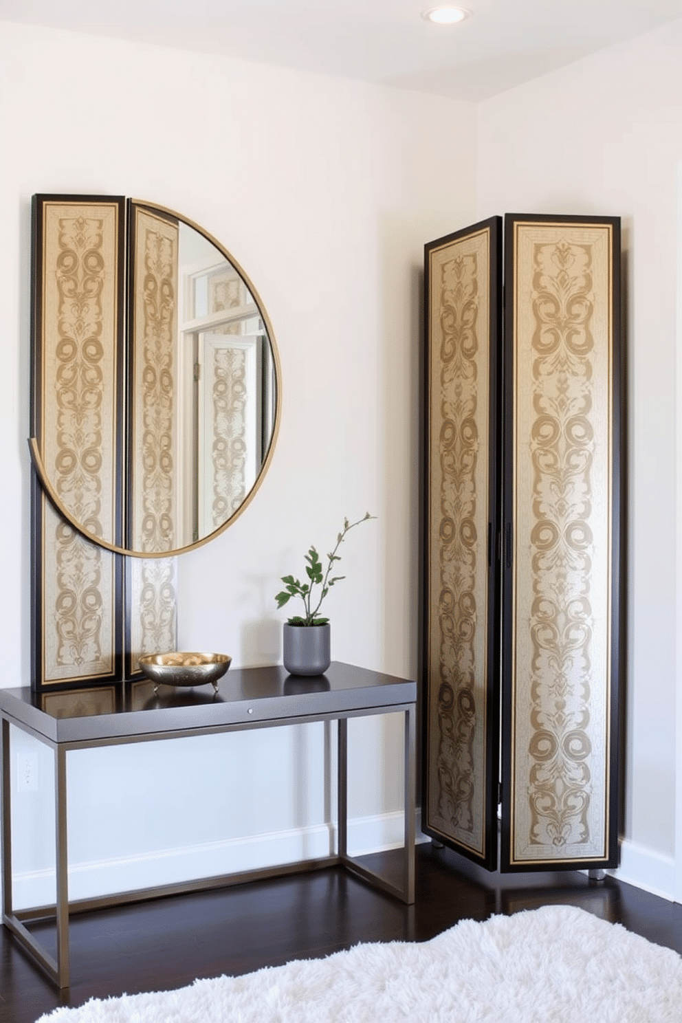 A stylish condo entryway featuring a decorative folding screen that provides privacy while enhancing the aesthetic appeal. The screen is adorned with intricate patterns and placed beside a sleek console table, which holds a small potted plant and a decorative bowl for keys. The walls are painted in a soft, inviting color, complemented by a statement mirror that reflects light and creates a sense of space. A plush area rug lies beneath the console table, adding warmth and texture to the entryway.