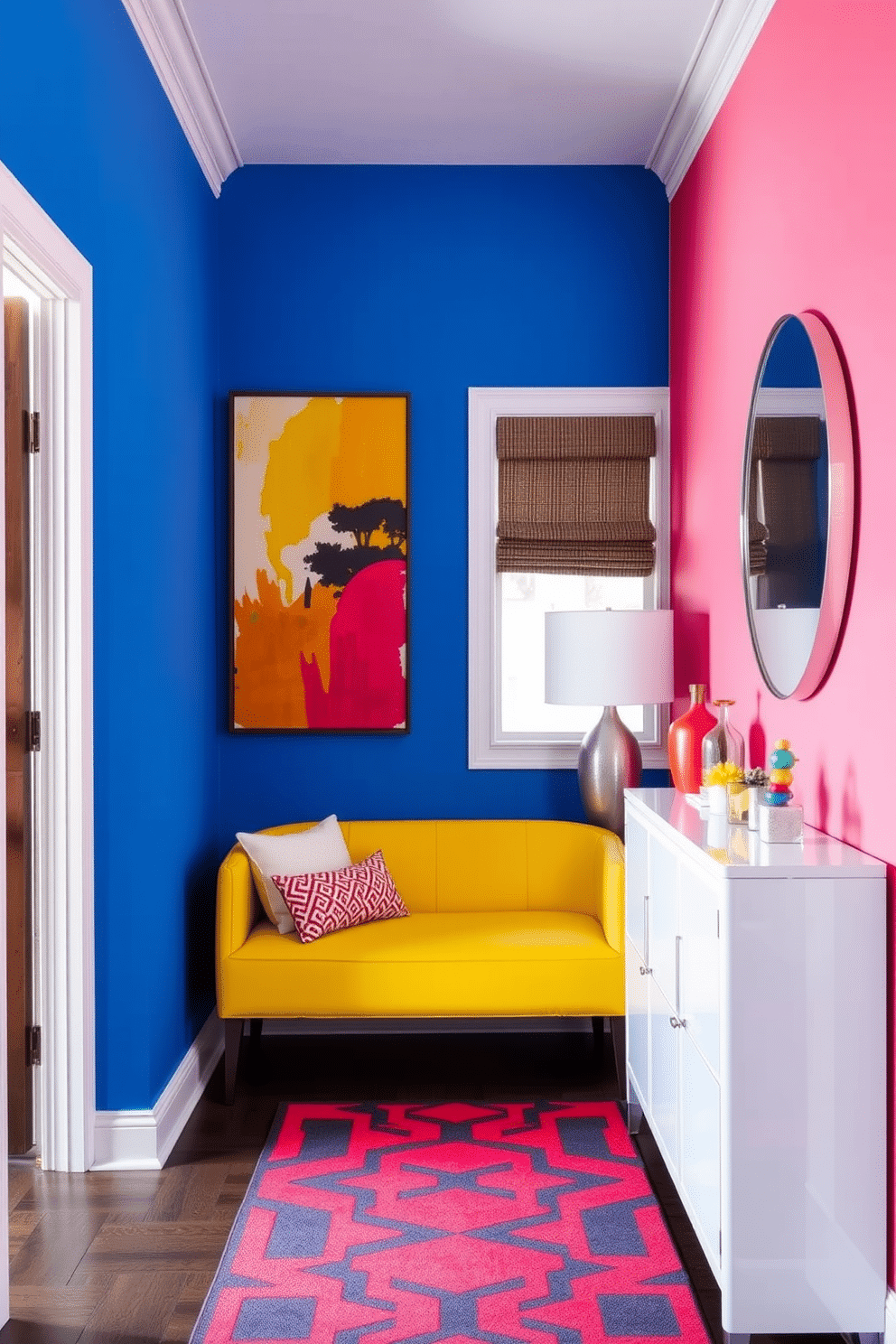 A lively condo entryway featuring bold, saturated colors that create an inviting atmosphere. The walls are painted in a rich cerulean blue, complemented by a bright yellow accent bench with plush cushions. A striking geometric patterned rug in vibrant reds and oranges anchors the space, while a large, abstract artwork hangs above the bench. To the side, a sleek console table in a glossy white finish showcases colorful decorative items and a stylish lamp.