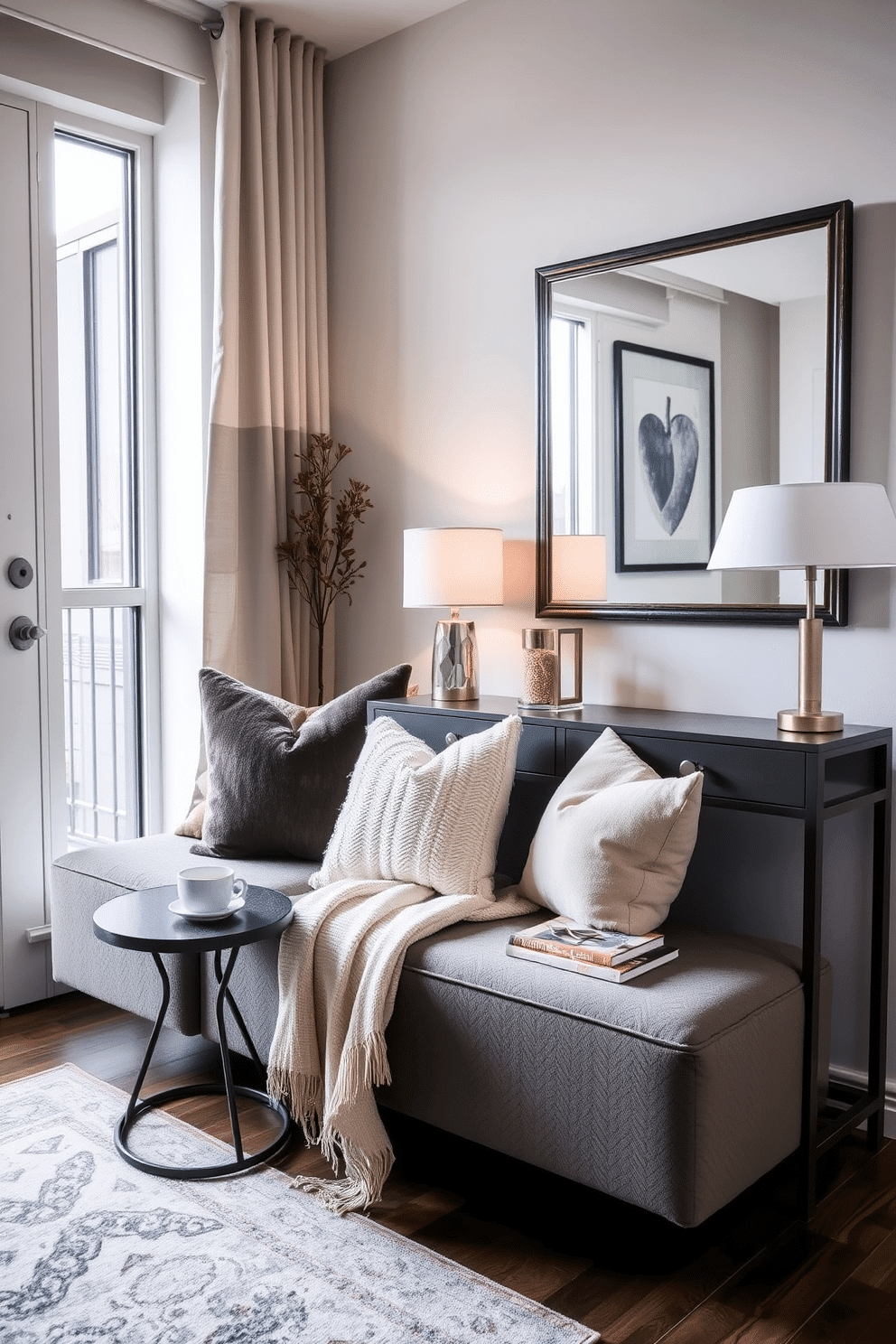 A cozy nook is created with an assortment of plush cushions in various textures and colors, inviting relaxation and comfort. A soft throw blanket drapes over the side, while a small side table holds a steaming cup of tea and a stack of books. The condo entryway features a sleek console table with a modern lamp and a decorative bowl for keys. A large mirror hangs above the table, reflecting natural light, while a stylish rug adds warmth and character to the space.