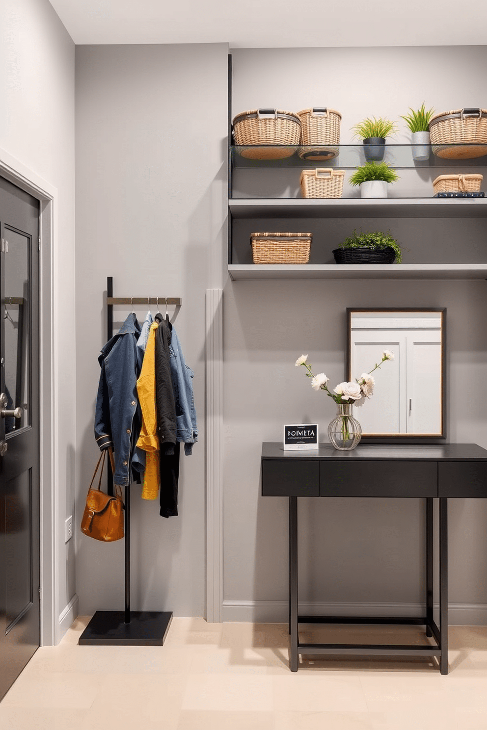 A stylish condo entryway that maximizes vertical space with sleek shelving units reaching up to the ceiling. The walls are painted in a soft gray, and a tall, narrow coat rack stands beside the door, adorned with colorful jackets and bags. Above the shelving, decorative baskets and plants add a touch of warmth and personality. A modern console table with a minimalist design sits against the wall, topped with a statement mirror and a small vase of fresh flowers.