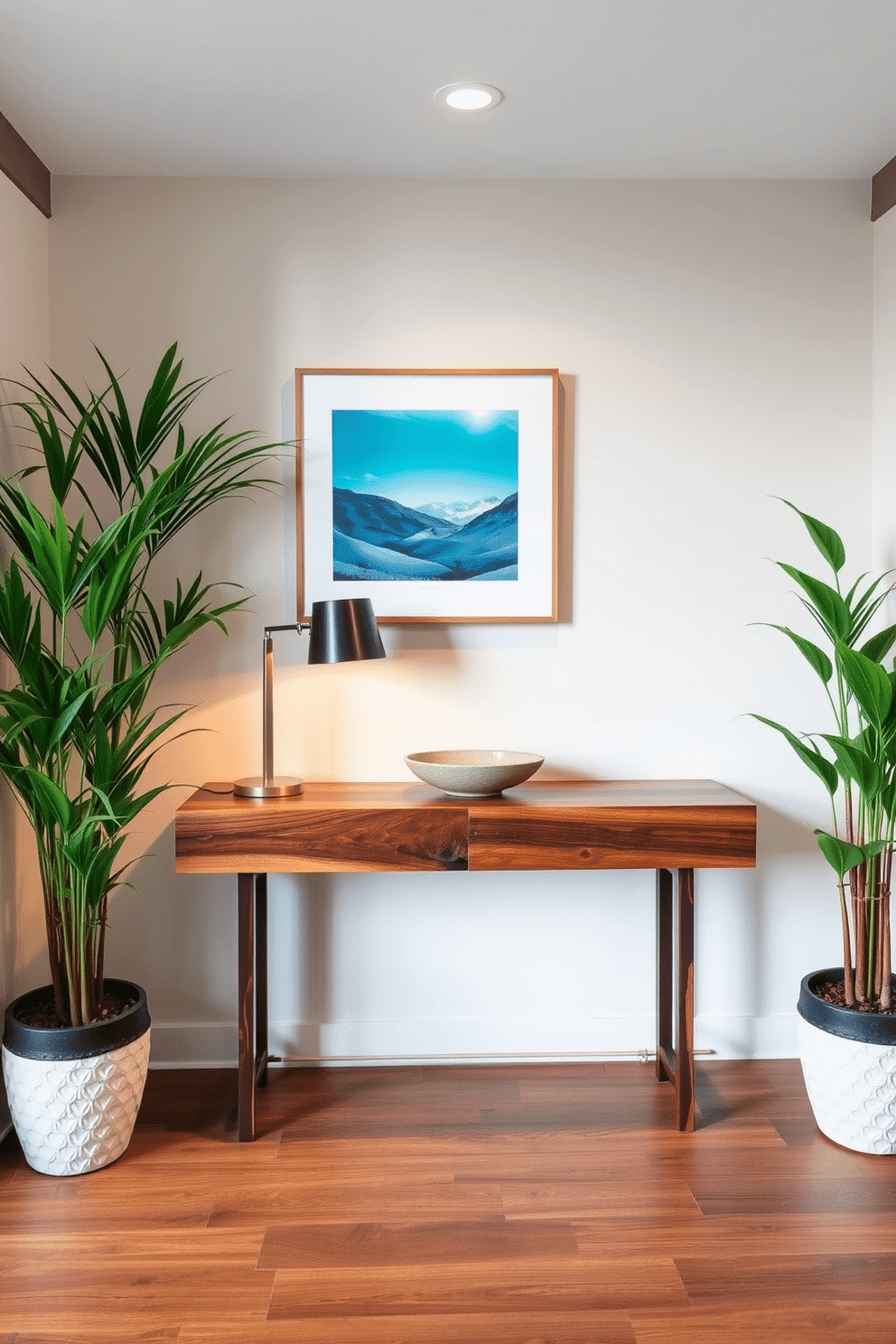 A stylish condo entryway featuring a sleek console table made of reclaimed wood, adorned with a modern lamp and a decorative bowl. Flanking the entrance are tall indoor plants in decorative pots, adding a vibrant touch of greenery and a welcoming atmosphere.