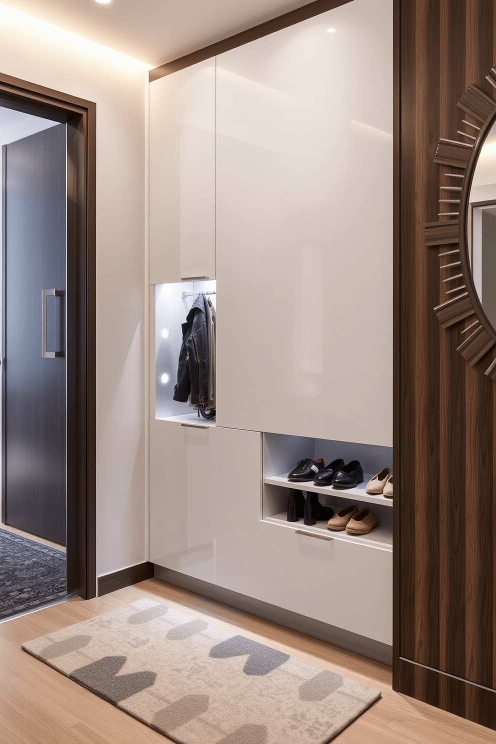 A sleek shoe cabinet is designed to seamlessly blend into the modern entryway, featuring a minimalist aesthetic with clean lines and a high-gloss finish. The cabinet is equipped with hidden compartments to minimize clutter, allowing for easy organization of shoes while maintaining an elegant look. The entryway is enhanced by soft ambient lighting that highlights the cabinet's design, creating a welcoming atmosphere. A stylish rug adds warmth underfoot, while a decorative wall mirror reflects light and visually expands the space, completing the sophisticated condo entryway design.