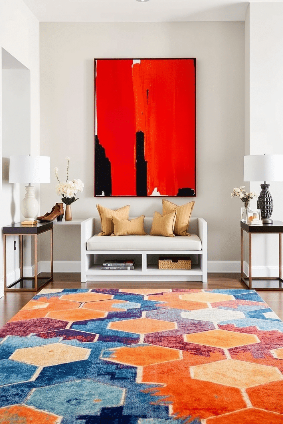 A vibrant, oversized area rug with a geometric pattern anchors the entryway, adding a splash of color and texture to the space. Flanking the rug, sleek console tables with minimalist decor create an inviting and functional transition from the outside world. The walls are painted in a soft, neutral tone to enhance the brightness of the entryway, while a statement piece of wall art adds personality. A stylish bench with built-in storage sits beneath a large mirror, providing both practicality and a sense of openness.