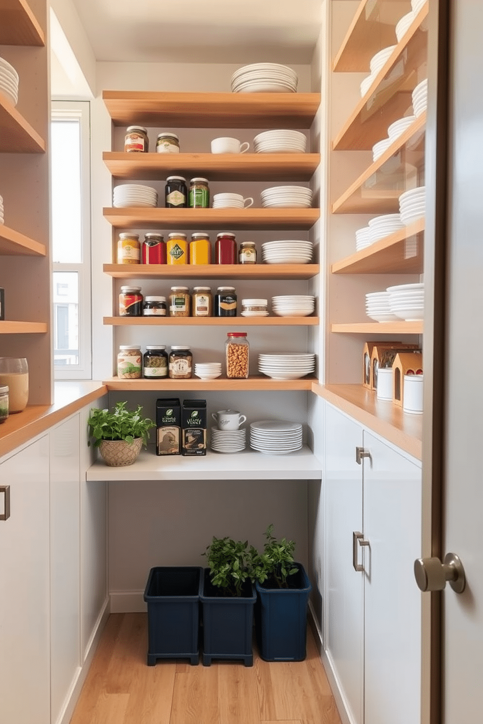 Open shelving lines the walls of a bright and airy condo pantry, showcasing a variety of colorful jars and neatly stacked dishes for easy access. The shelves are crafted from natural wood, complementing the sleek white cabinetry below, while a small herb garden sits on the windowsill, adding a touch of greenery and freshness to the space.