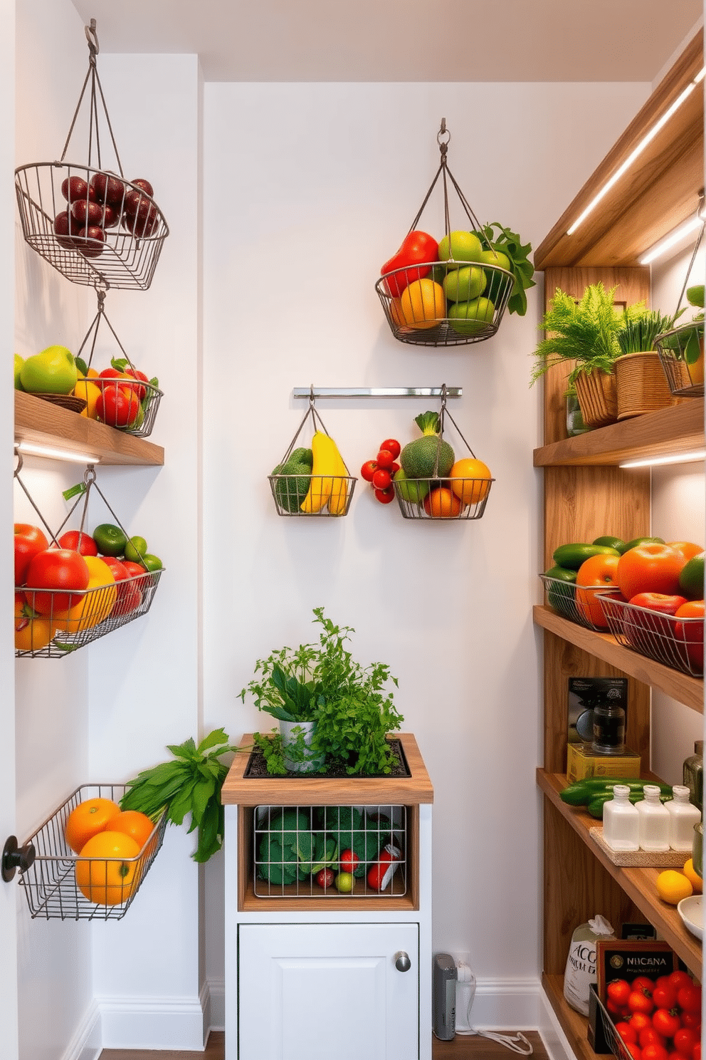 A modern condo pantry featuring hanging baskets filled with fresh produce, showcasing a blend of functionality and style. The walls are painted in a soft white, while the shelves are made of reclaimed wood, providing a warm contrast to the sleek metal baskets. The pantry includes a compact island in the center, with additional storage underneath and a small herb garden on top. Soft, ambient lighting illuminates the space, enhancing the vibrant colors of the fruits and vegetables displayed.