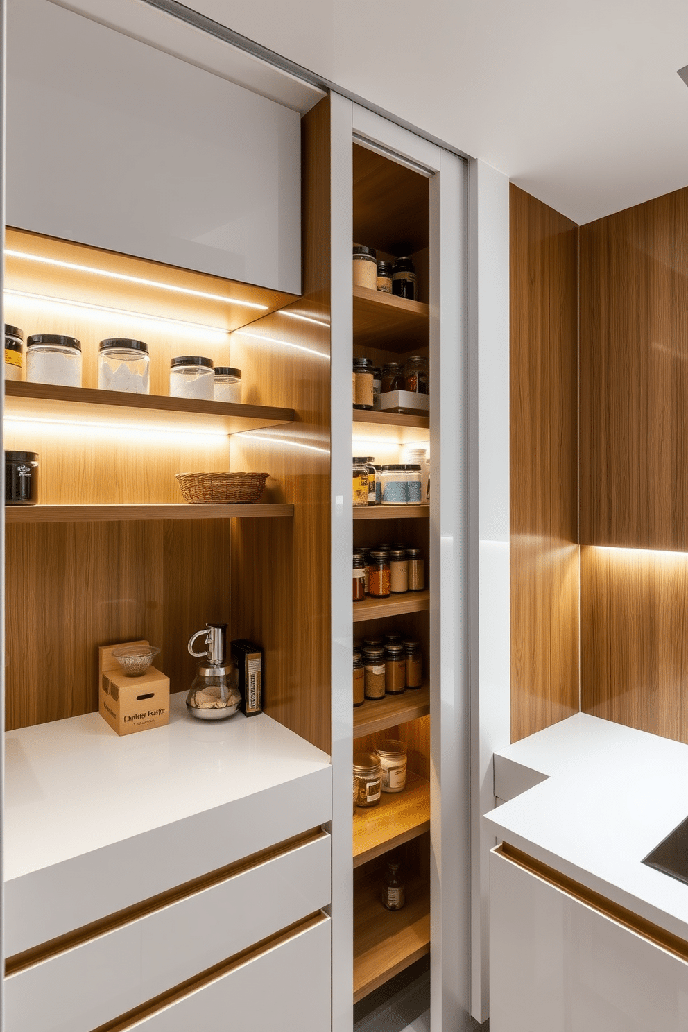 A sleek condo pantry featuring built-in lighting that highlights the organized shelves and creates a warm ambiance. The cabinetry is a mix of glossy white and natural wood, providing a modern yet inviting feel, while the LED strip lights illuminate the countertops and open shelving for easy visibility.