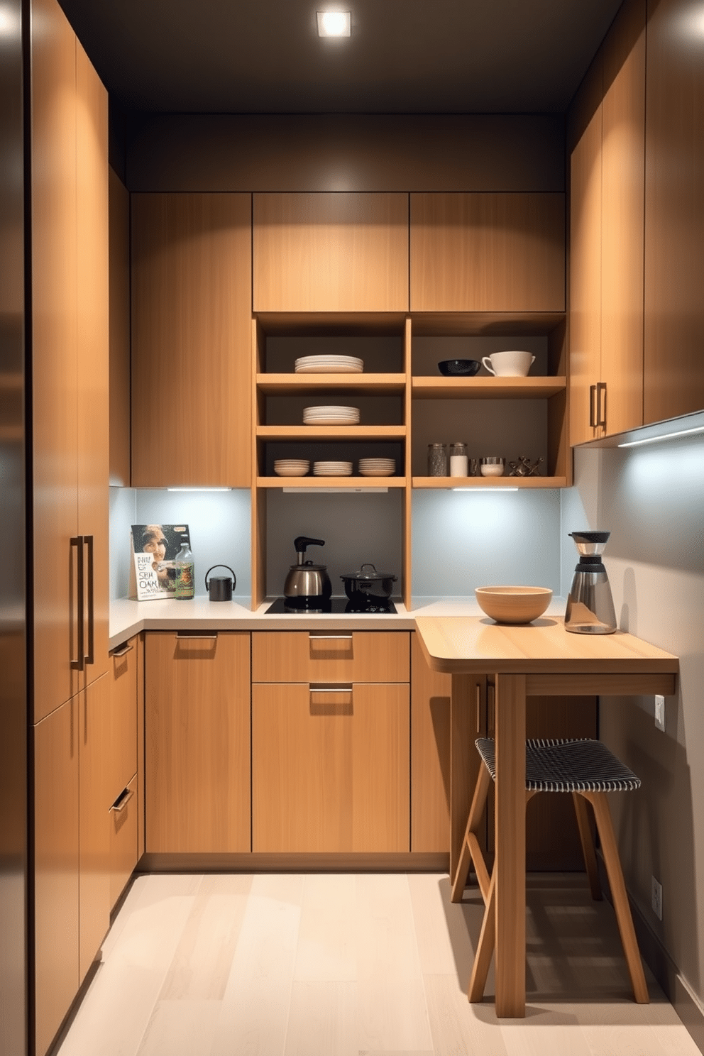 A stylish condo pantry featuring sleek, foldable tables that can be easily expanded for extra workspace. The design incorporates modern cabinetry with a minimalist aesthetic, complemented by a warm color palette and efficient storage solutions. The foldable tables are crafted from light wood, seamlessly integrating into the overall decor when not in use. Soft ambient lighting highlights the functional yet stylish elements, creating an inviting atmosphere for meal prep and organization.