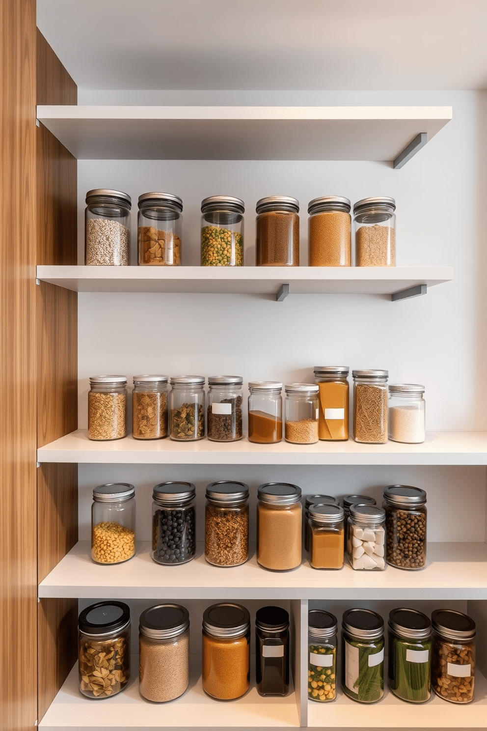 A modern condo pantry featuring sleek glass jars neatly arranged on open shelving. The jars, filled with colorful ingredients, add a stylish touch to the minimalist design, complemented by warm wood accents and soft, ambient lighting.