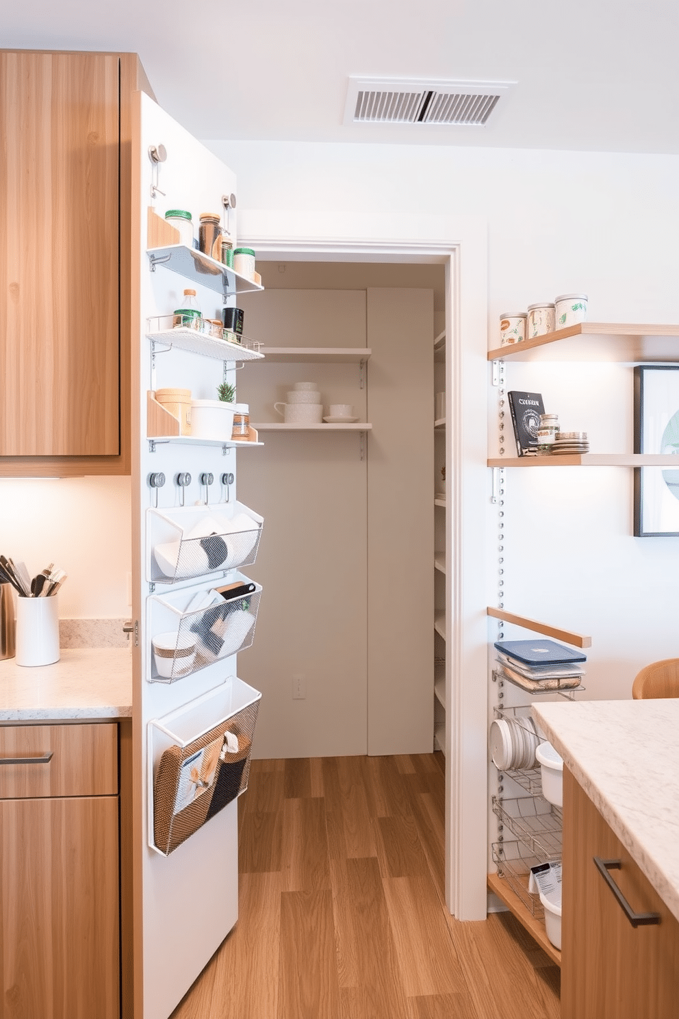 Over-the-door organizers add a practical touch to any space, maximizing vertical storage while maintaining a clean aesthetic. These organizers can feature a mix of shelves and hooks, allowing for the display of kitchen essentials and decorative items alike. A well-designed condo pantry utilizes every inch of space efficiently, incorporating pull-out shelves and clear containers for easy access. The color scheme can blend with the kitchen, using light wood finishes and subtle lighting to create an inviting atmosphere.