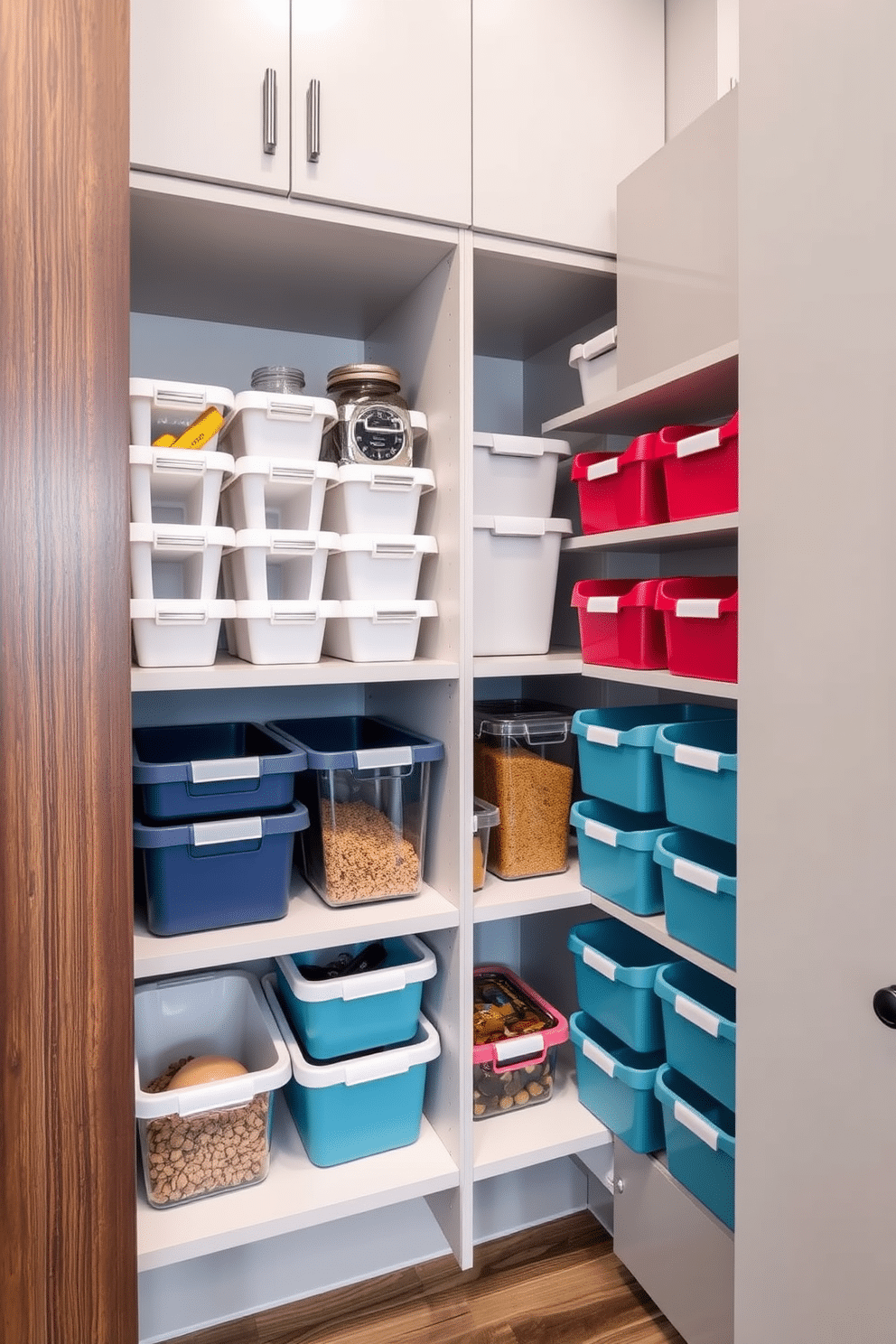 A modern condo pantry featuring stackable bins for efficient use of space. The bins are neatly organized on open shelving, showcasing a variety of colors and sizes to complement the sleek cabinetry.