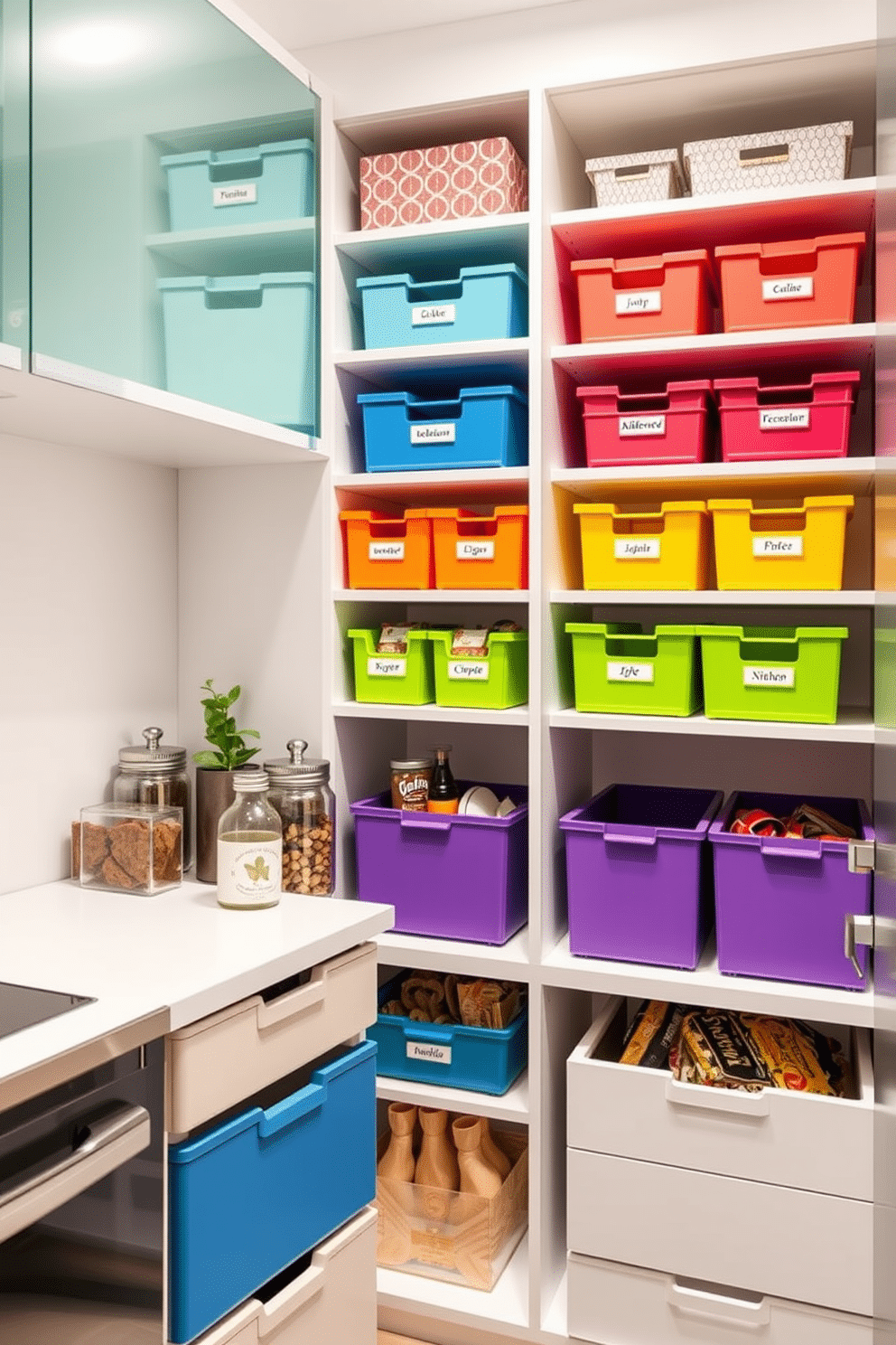 A sleek condo pantry design featuring color-coded storage solutions for easy organization. Shelves are neatly arranged with labeled bins in vibrant hues, creating a visually appealing and functional space. The pantry includes pull-out drawers for easy access to frequently used items. A small countertop area is available for meal prep, adorned with decorative canisters and a potted herb for a touch of greenery.