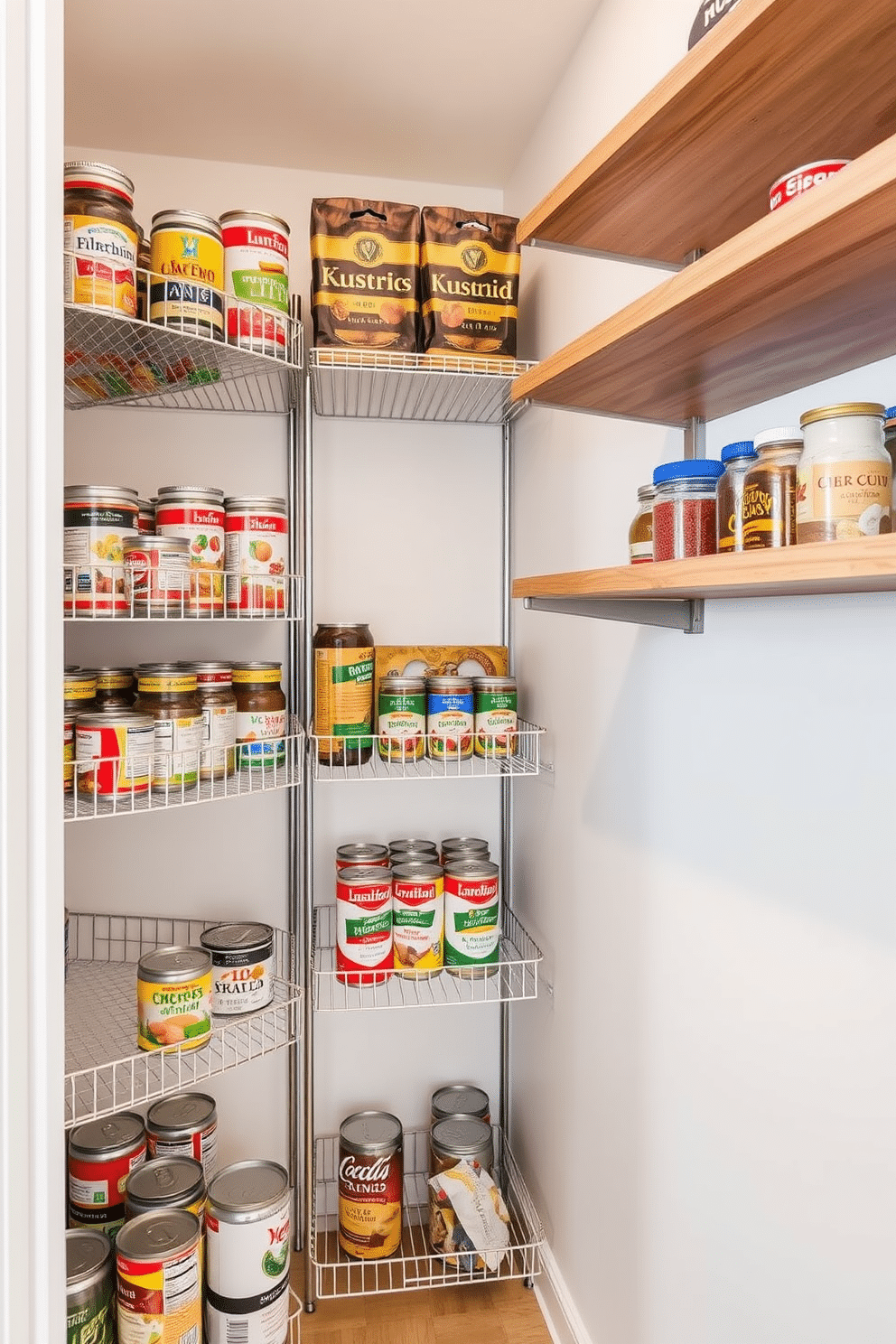 A modern condo pantry featuring sleek wire racks for canned goods, organized for easy access. The walls are painted in a soft white, complemented by natural wood shelving that adds warmth and texture.