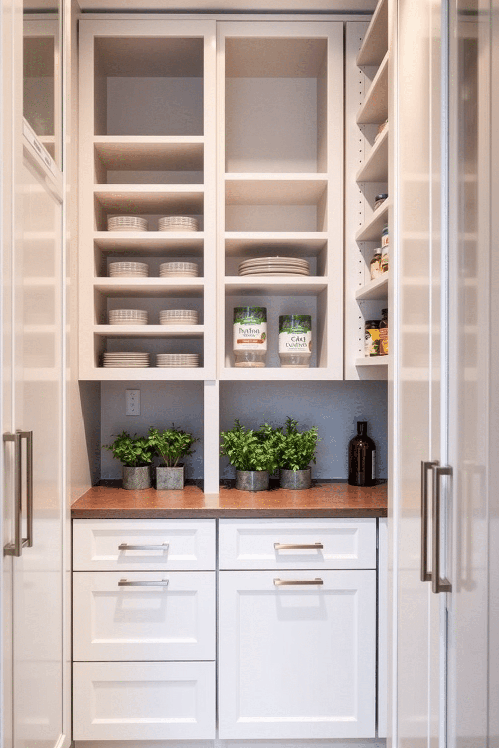 A sleek condo pantry featuring custom cabinetry designed for optimal storage and organization. The cabinetry is finished in a soft matte white, complemented by brushed nickel hardware, and includes pull-out shelves for easy access to pantry items. The pantry layout maximizes space with floor-to-ceiling cabinets that incorporate a mix of open shelving and closed storage. A small, integrated countertop area provides a convenient spot for meal prep, adorned with fresh herbs in stylish containers for a touch of greenery.