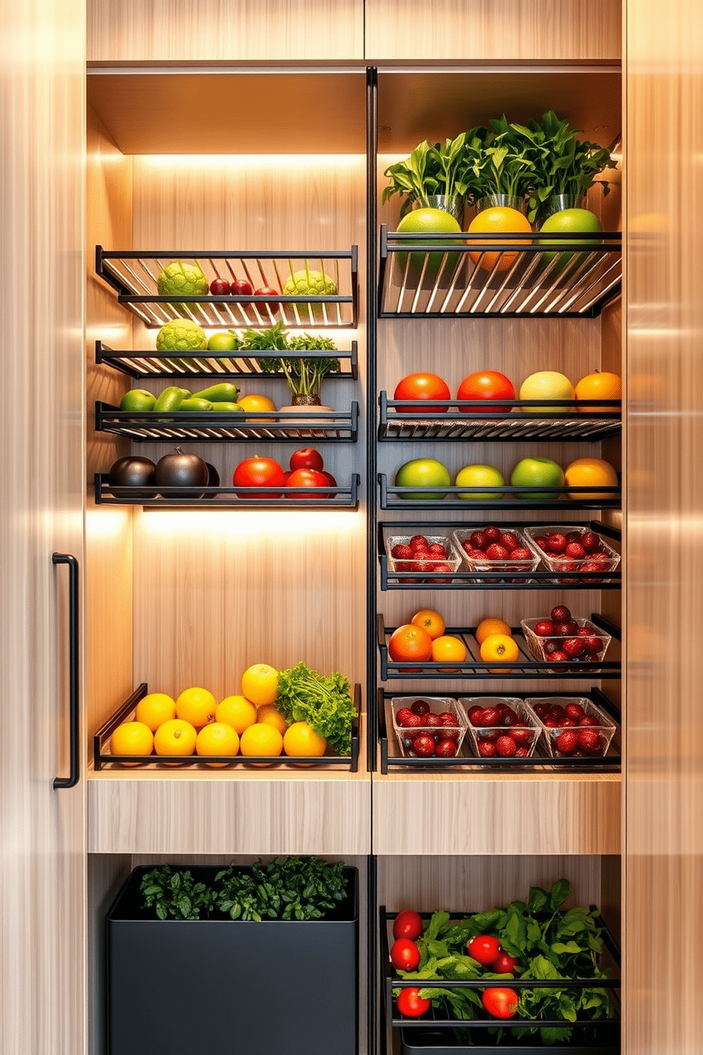 A modern condo pantry featuring tiered stands for fruits and vegetables. The stands are crafted from sleek metal with a matte black finish, arranged against a backdrop of light wood cabinetry. The pantry is illuminated by warm LED strip lighting, highlighting the vibrant colors of the fresh produce. A small herb garden is integrated into the design, adding a touch of greenery and freshness to the space.