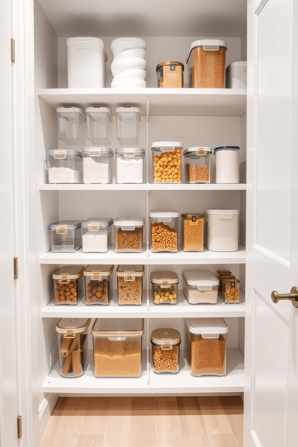 A modern condo pantry featuring clear containers arranged on open shelves for organized visibility. The walls are painted a soft white, and the floor is a light wood, enhancing the airy feel of the space.