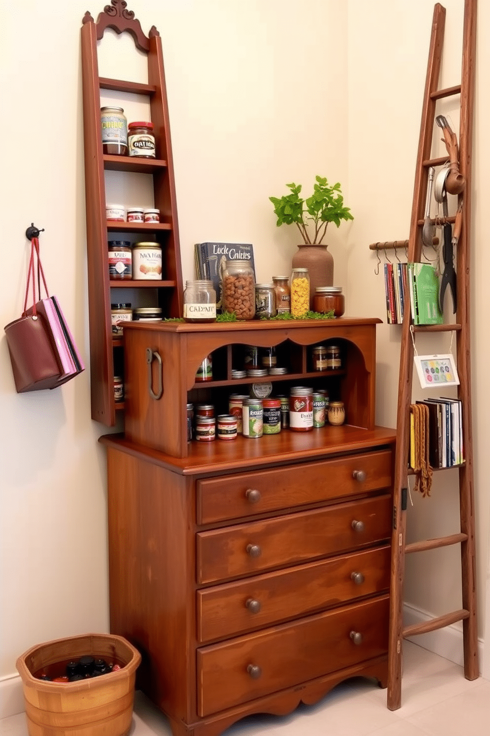 A stylish condo pantry featuring repurposed furniture as innovative storage solutions. An old wooden dresser serves as the main pantry unit, with its drawers organized for canned goods and spices, while the top showcases decorative jars and a small herb garden. Adjacent to the dresser, a vintage ladder leans against the wall, repurposed to hold cookbooks and hanging kitchen tools. The walls are painted a soft cream, and the floor is adorned with light-colored tiles, creating a bright and airy atmosphere.