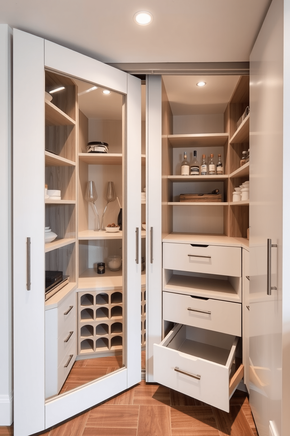 A modern condo pantry featuring sliding doors that seamlessly blend into the cabinetry, maximizing space while providing easy access to stored items. The pantry is designed with open shelving for visibility, complemented by sleek, minimalist hardware for a clean aesthetic. The interior showcases a combination of light wood and white finishes, creating a bright and airy atmosphere. A built-in wine rack and pull-out drawers enhance functionality, making it a stylish yet practical storage solution.