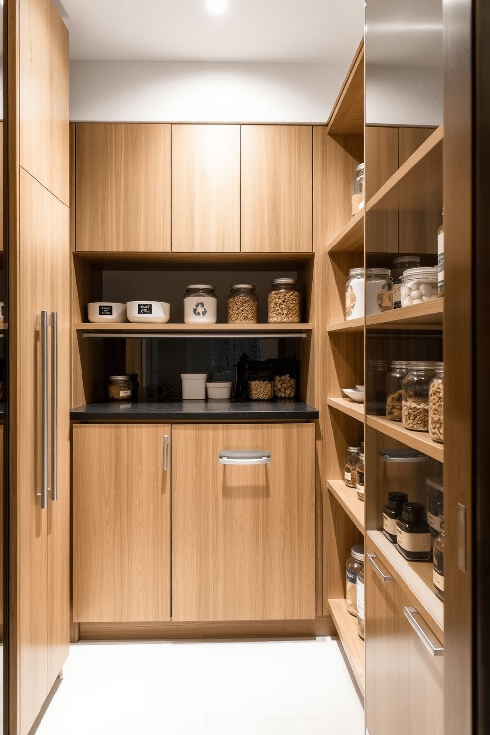 A modern condo pantry featuring integrated recycling and trash bins. The design includes sleek cabinetry with a minimalist aesthetic, allowing for easy access to the bins while maintaining a clutter-free look. The pantry is equipped with custom shelving for optimal organization, showcasing glass jars filled with dry goods. Soft LED lighting illuminates the space, highlighting the natural wood finishes and creating a warm, inviting atmosphere.