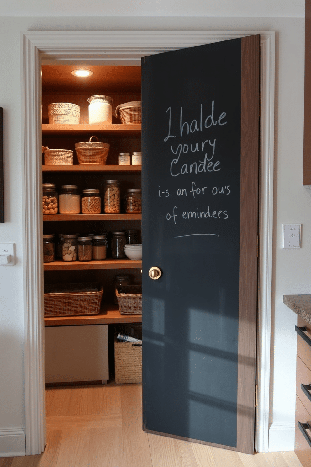 A stylish condo pantry featuring a chalkboard door for notes and reminders. The interior is organized with open shelving displaying neatly arranged jars and baskets, complemented by warm wood accents and soft, ambient lighting.