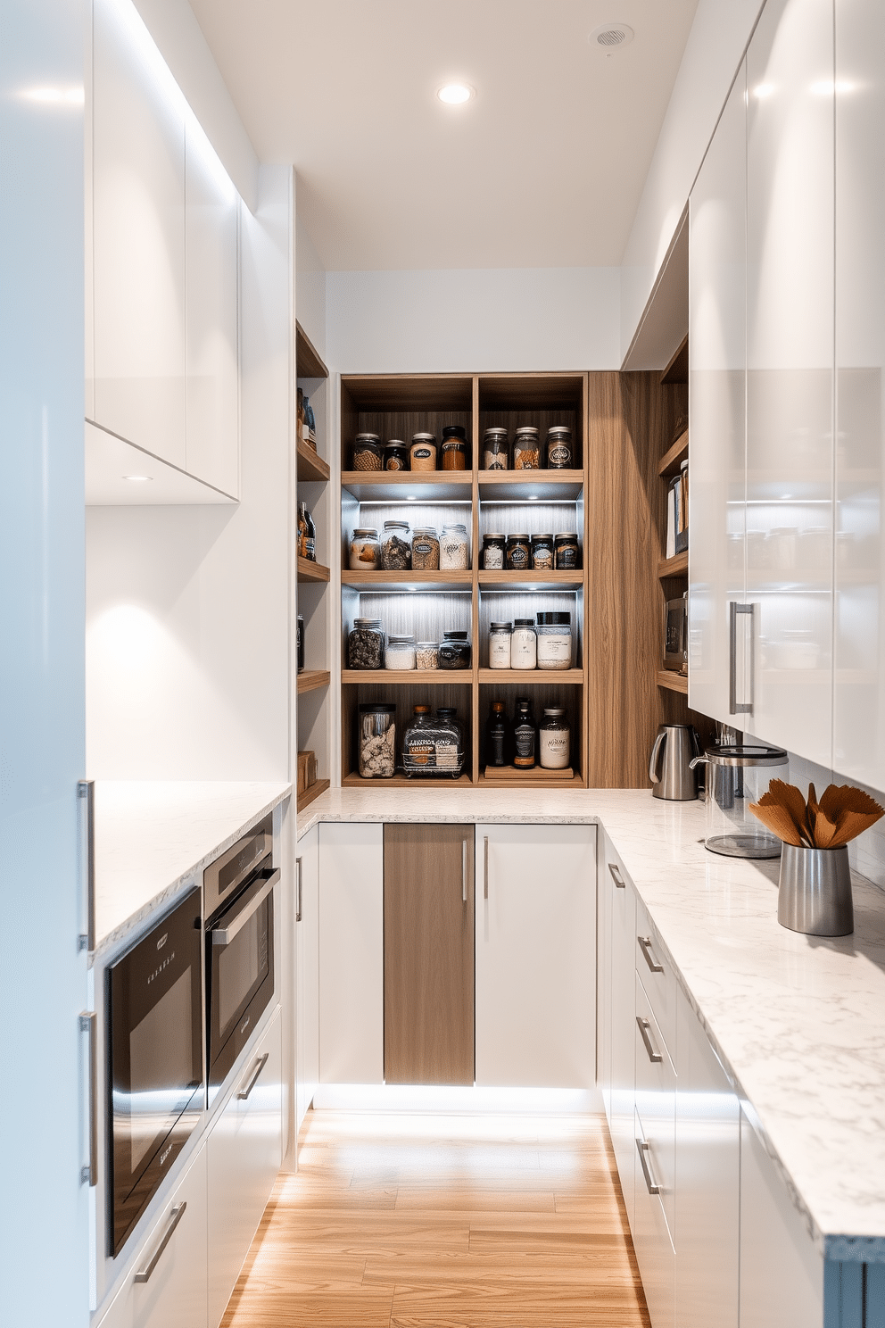 A sleek condo pantry design featuring hidden appliances for a clean, streamlined appearance. The cabinetry is finished in a soft white, seamlessly blending with the walls, while the countertops are a polished quartz that adds a touch of elegance. Integrated shelving maximizes storage space, showcasing neatly organized jars and containers. Soft LED lighting illuminates the pantry, highlighting the textures of the wood and the subtle colors of the decor, creating a warm and inviting atmosphere.