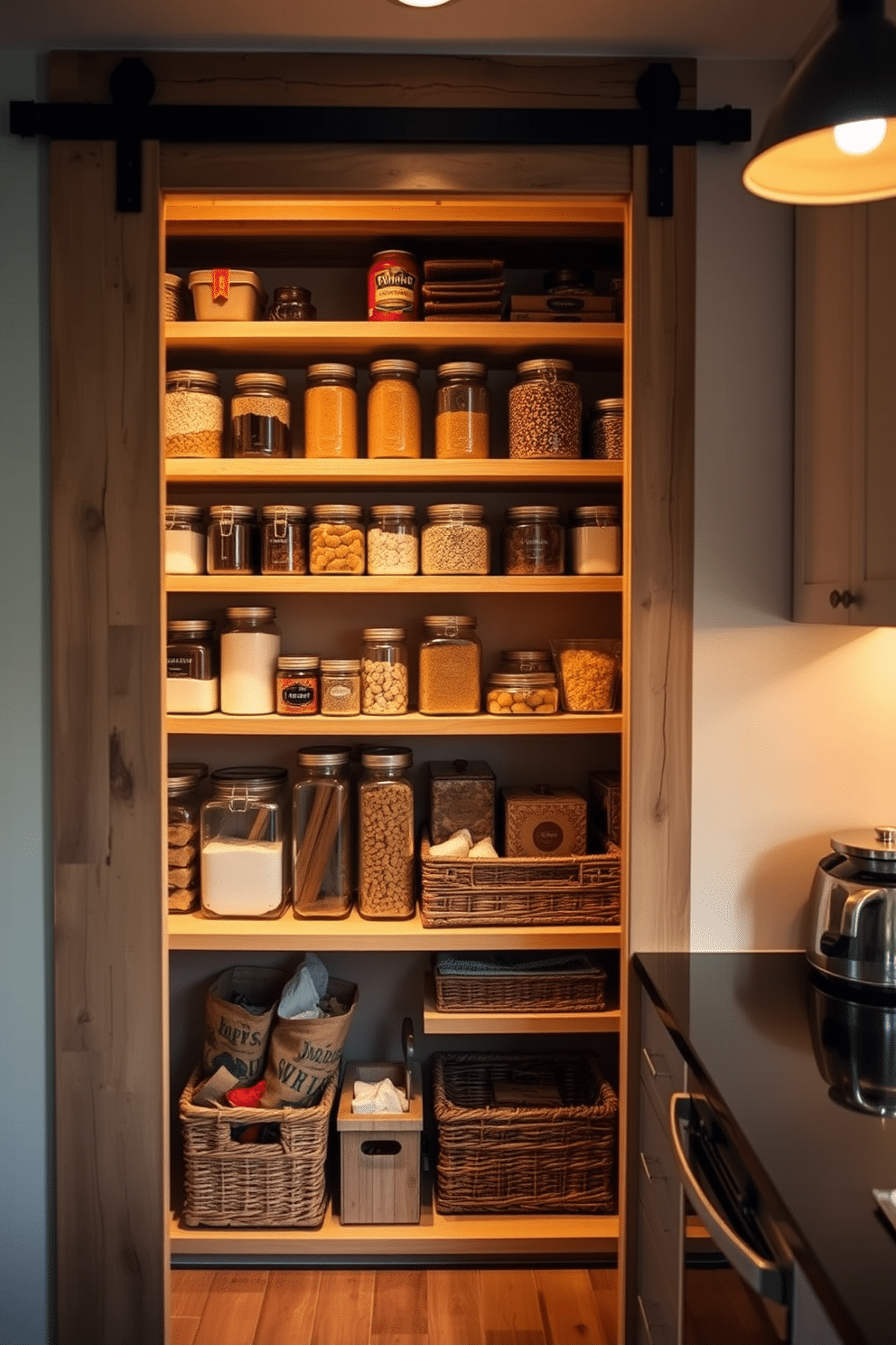 A cozy condo pantry featuring rustic wood accents that add warmth and charm. The shelves are crafted from reclaimed wood, displaying an array of neatly organized jars and baskets filled with dry goods. The pantry door is a sliding barn-style design, enhancing the rustic aesthetic while maximizing space. Soft, warm lighting illuminates the area, creating an inviting atmosphere perfect for cooking and meal prep.