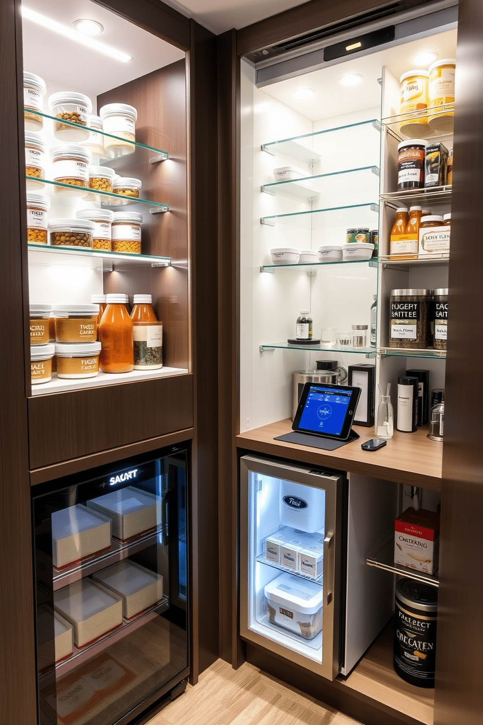 A modern condo pantry featuring smart technology for inventory management. Sleek cabinetry with touch-activated lights showcases organized shelves filled with labeled containers and a digital display for tracking inventory. The pantry includes a compact refrigerator with smart features, allowing for remote monitoring and management. A small, integrated workspace with a charging station for devices complements the efficient layout, ensuring everything is within reach.