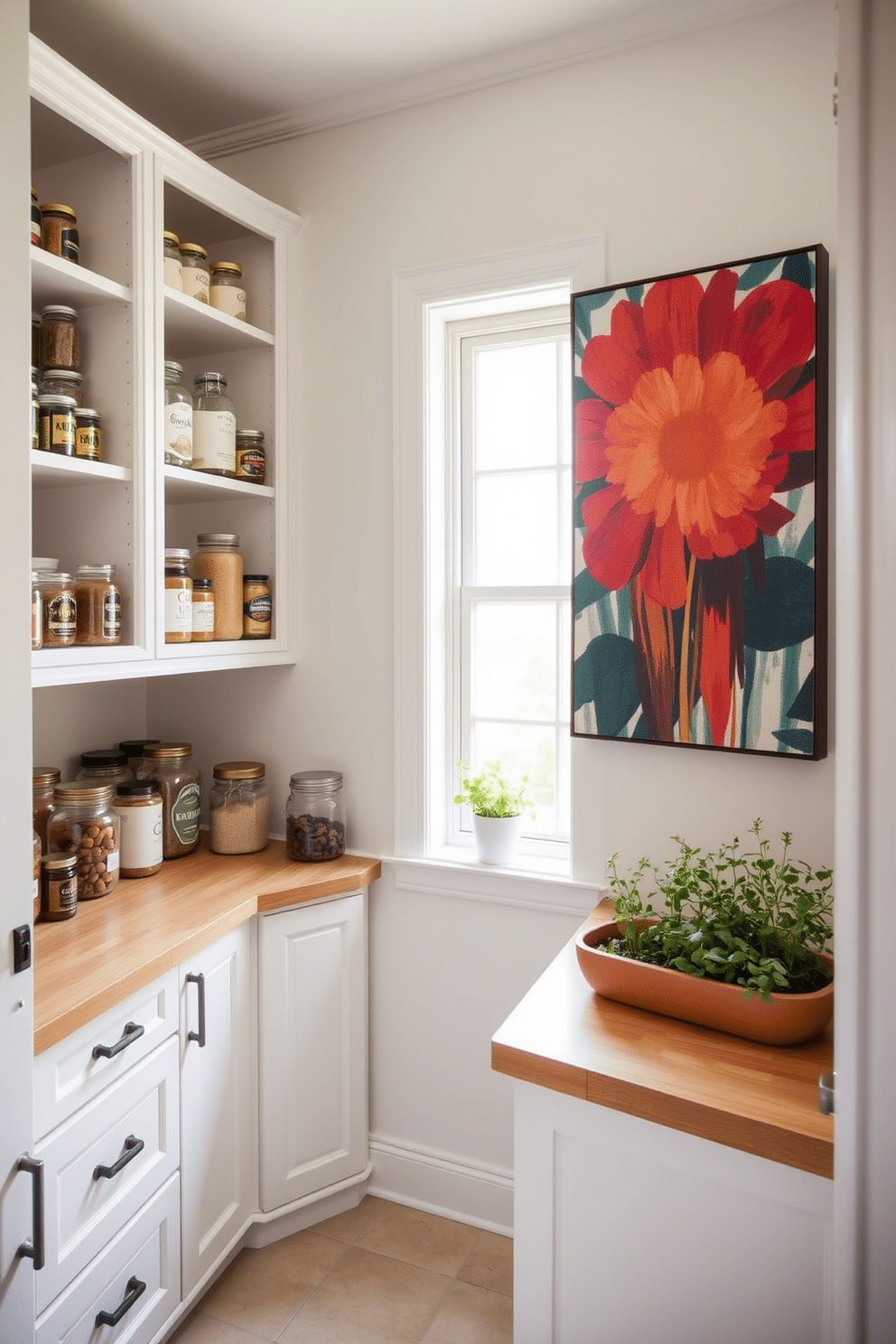 A stylish pantry space featuring a combination of open shelving and closed cabinetry, showcasing a variety of artisanal jars and containers. A large piece of vibrant artwork hangs on the wall, adding a personal touch and a splash of color to the functional area. The cabinetry is painted in a soft white, while the countertops are made of natural wood, providing warmth to the design. Thoughtfully arranged, the pantry includes a small herb garden on the windowsill, enhancing both aesthetics and functionality.